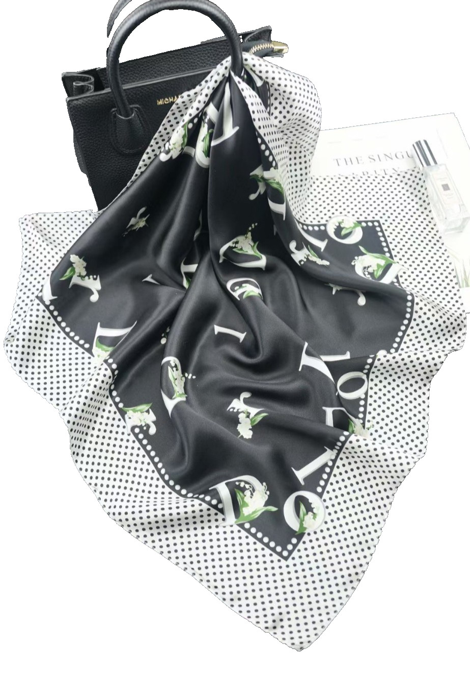 26″X26″Dots Letter Print Pure Mulberry Satin Silk 12momme Scarf 65x65cm 4-21