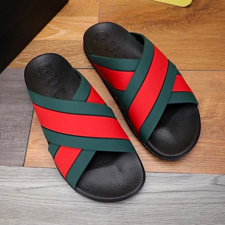 Gucci Men’s Red/Green Web Striped Crisscross Slide Sandals Black 9 Rubber