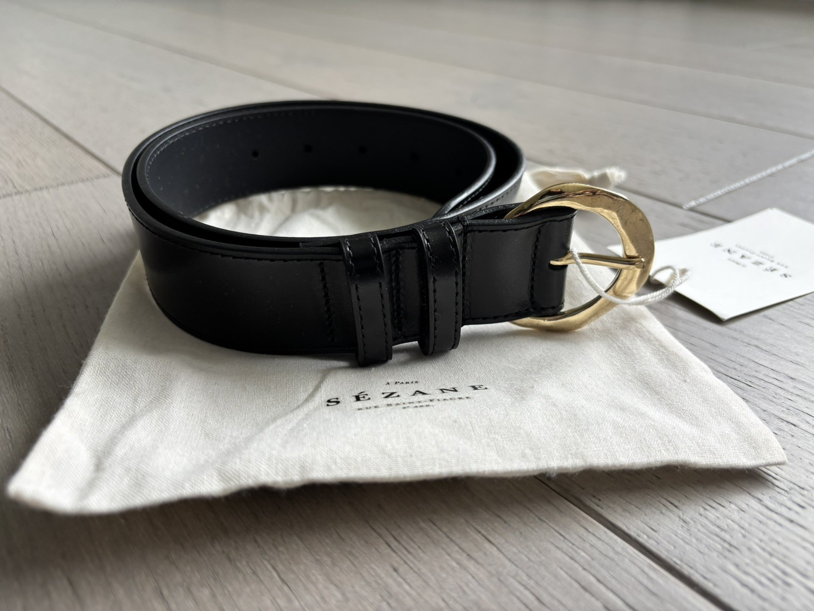 New With Tags Sezane Arthur Noir Glace Leather Belt T.75 BLACK made in Italy