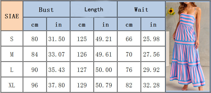 Summer Striped Printed Suspender Long Dress w Pockets Backless Dresses for Beach