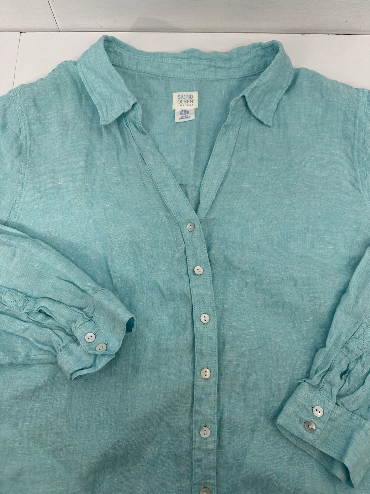 Sigrid Olsen Womans 100% Linen Button Up Shirt Aqua Blue Plus Size 2X READ