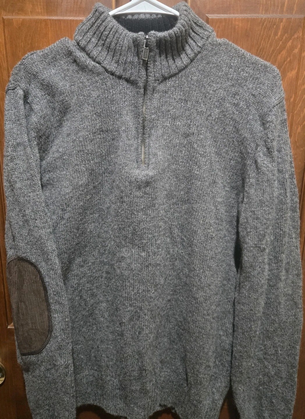 LL Bean Sweater Mens Medium Gray Shetland Wool Corduroy Elbow Patches 1/4 Zip