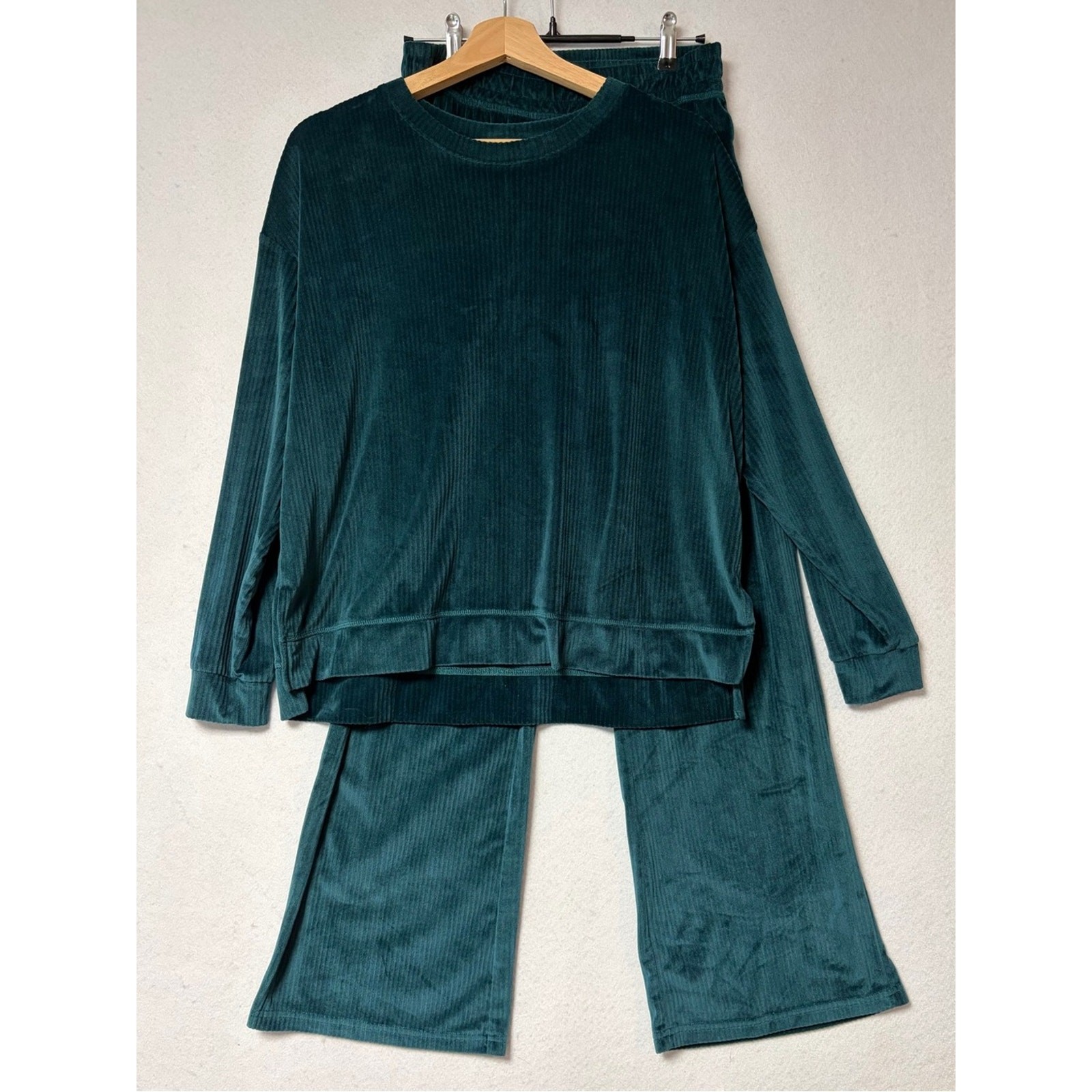 Z Supply Ribbed Velour Loungewear Set Emerald Green Pullover Wide Leg XS NWOT