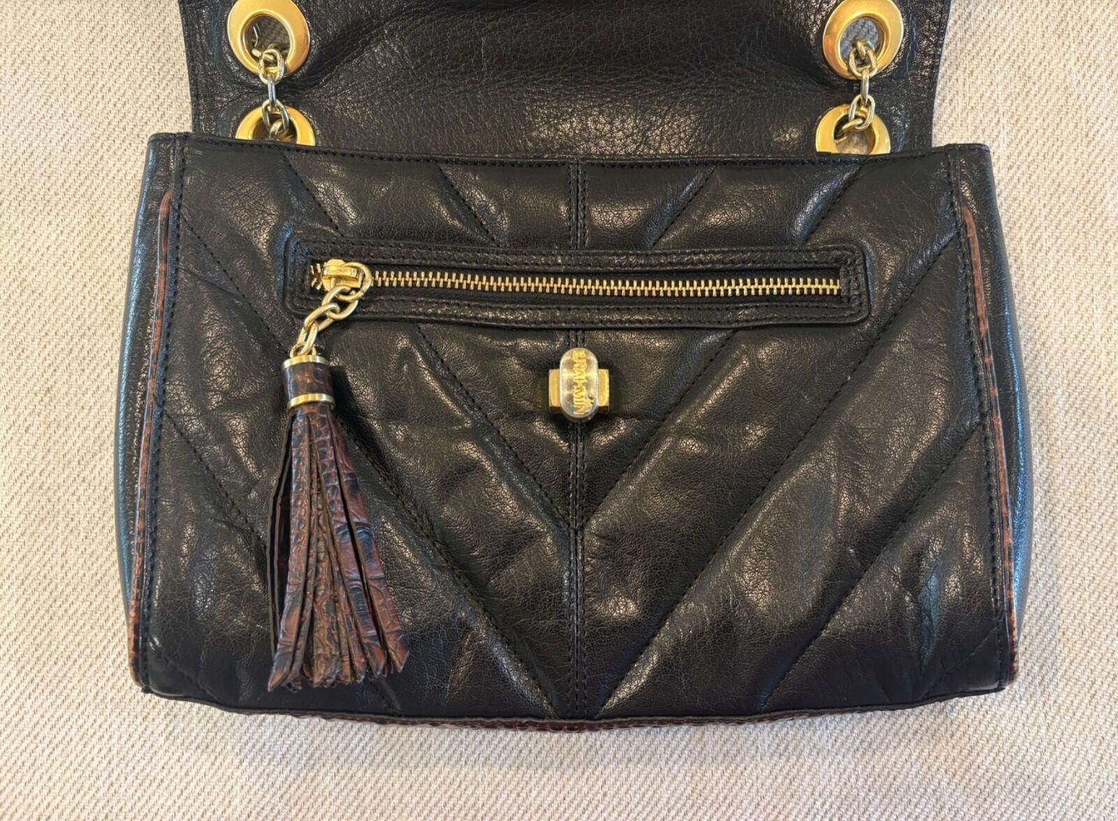Brahmin Harrison Mixed-Media Shoulder Bag – Pecan Melbourne Croc-Embossed Leathe