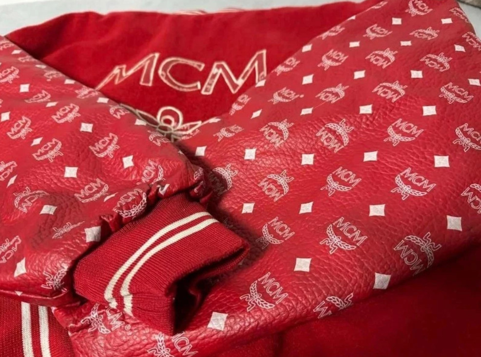 MCM Leather Varsity Jacket MCM Printed Monogram Leather Sleeves Streetwear