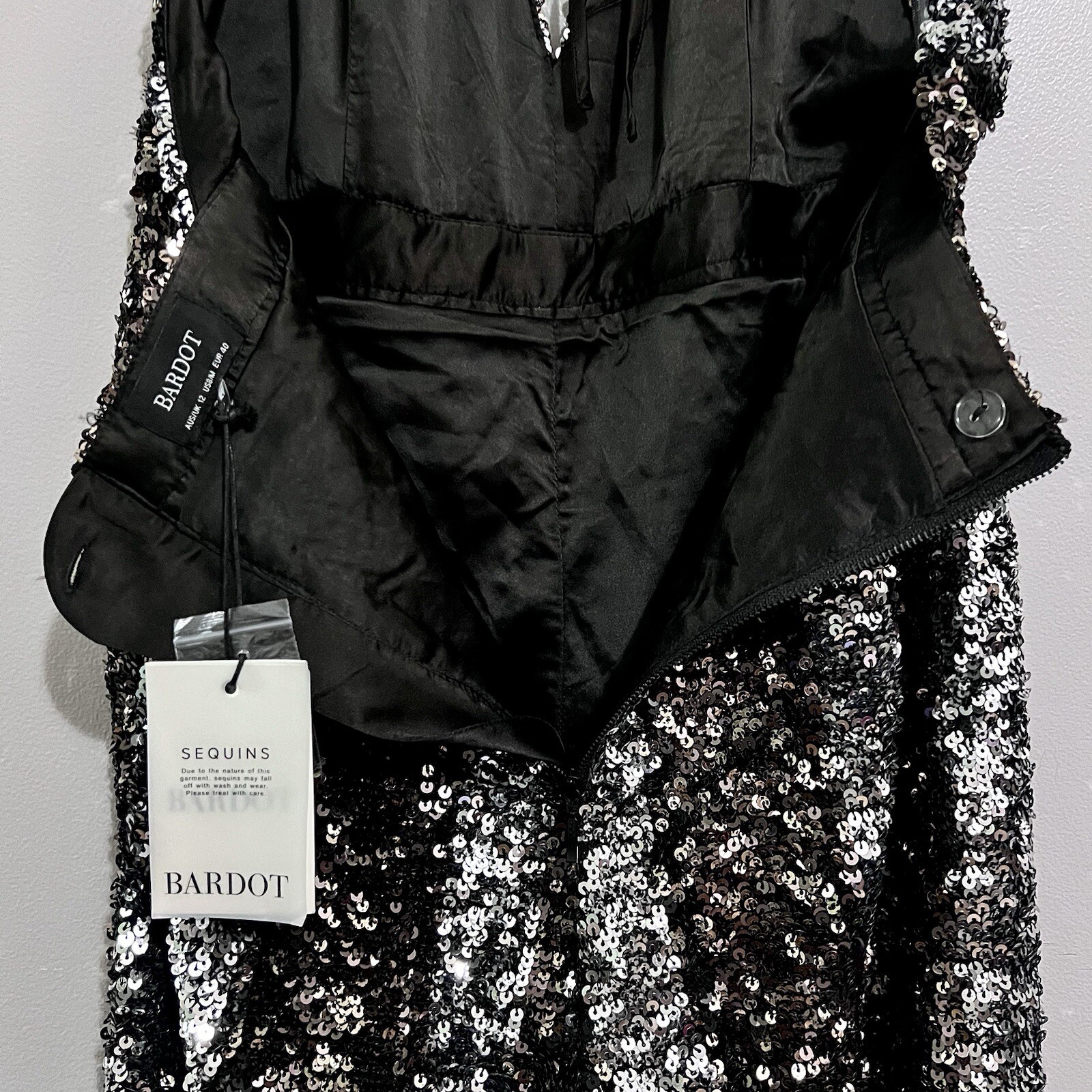 NWT Bardot Disco Barbie Silver, Champagne Gold, & Midnight Black Sequin Jumpsuit