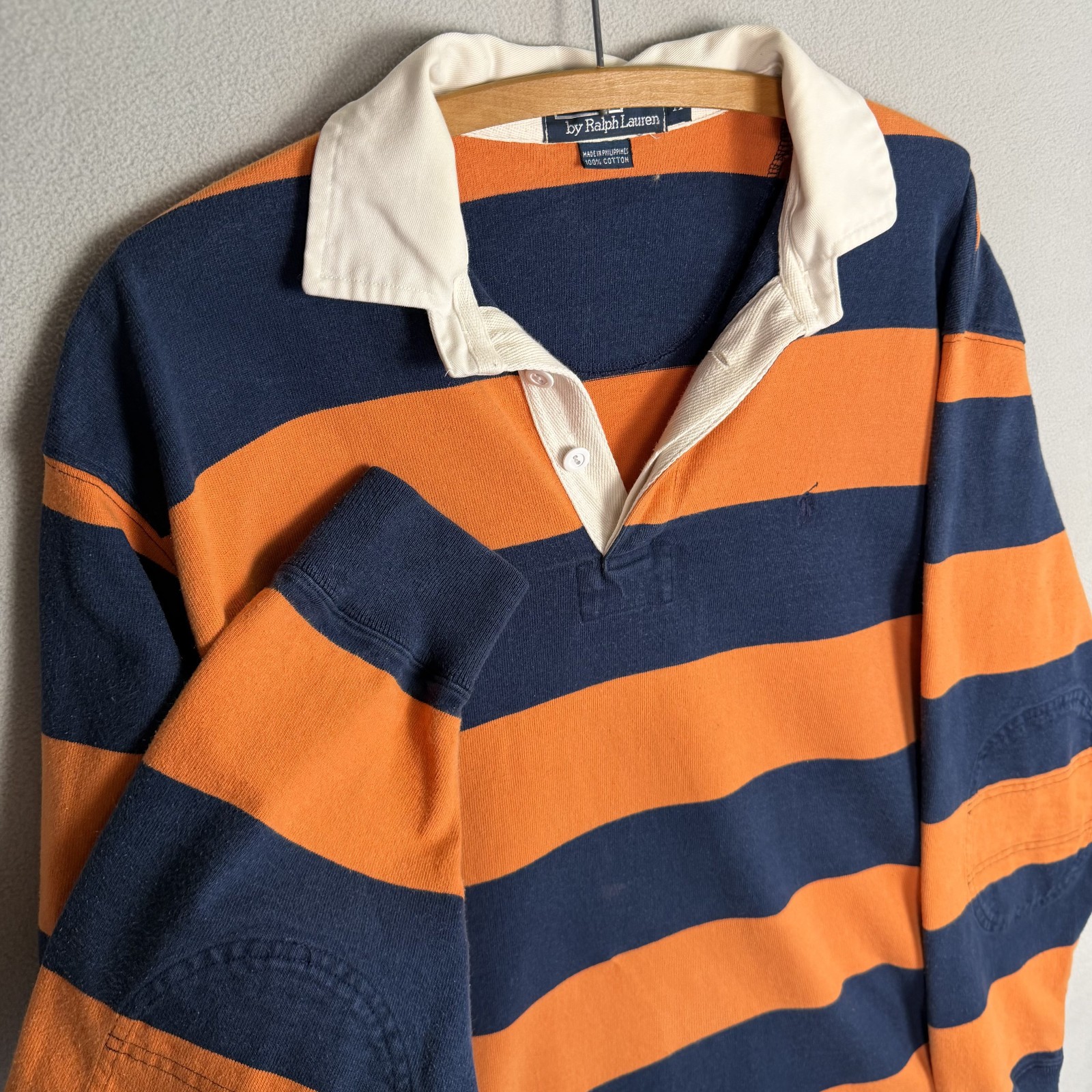 VTG Polo Ralph Lauren Rugby Shirt M/L Orange Blue Stripe Polo Kanye Elbow Pads
