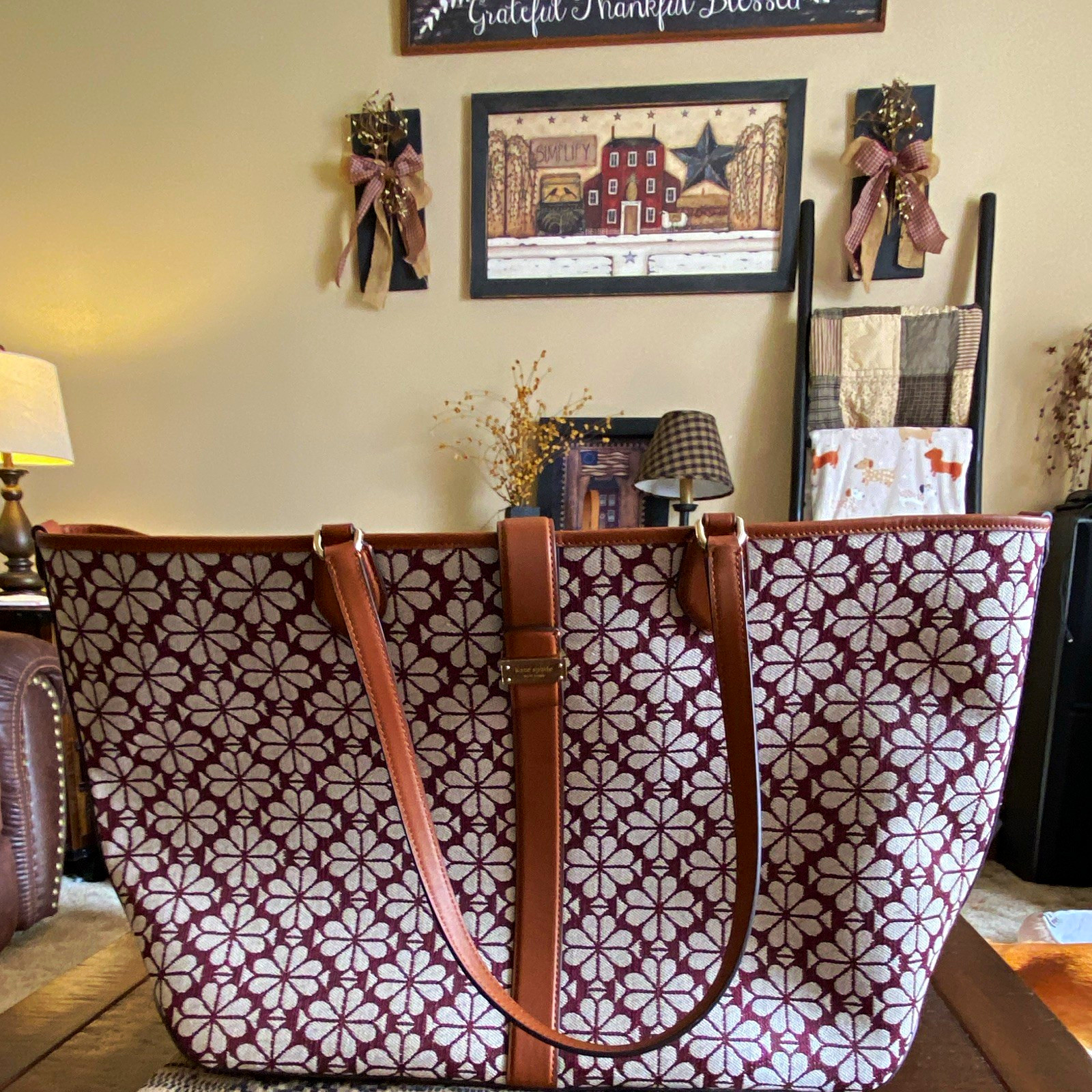 kate spade new york Spade Flower Jacquard Large Tote Burgundy Brown Gold