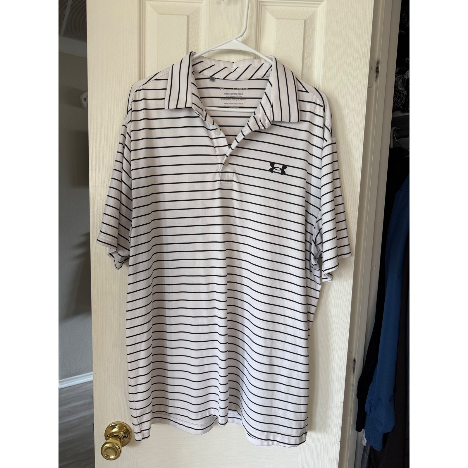 Under Armour Mens Playoff Polo Shirt White Black Striped Short Sleeve XL Loose