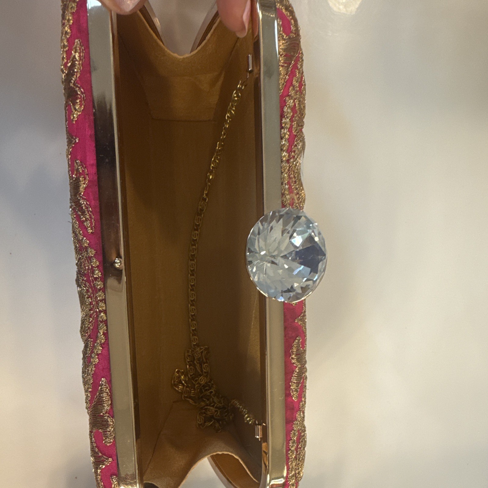 Women’s Pink & Gold Embroidered Mirror Clutch, Gold Chain Strap, Clasp