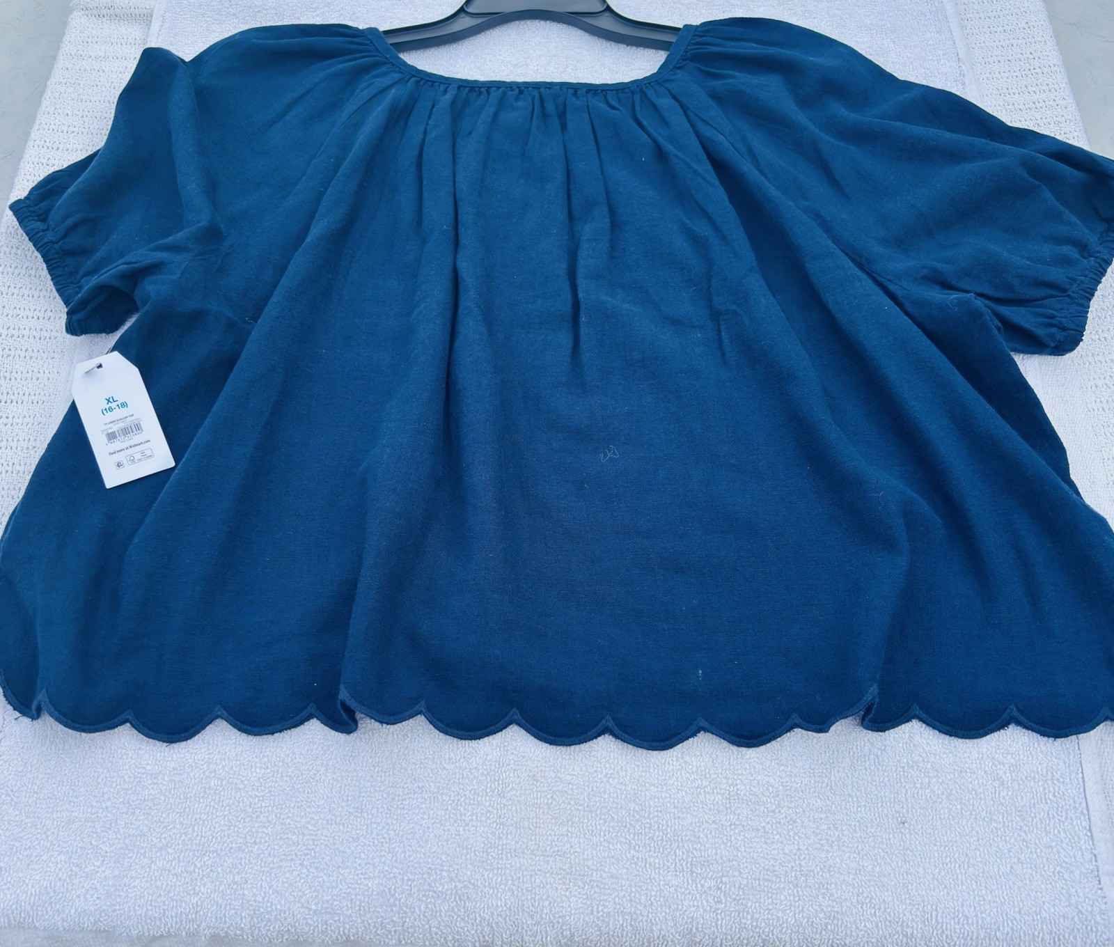 New Time and Tru Blue Linen Blend Scalloped Hem Blouse – Size XL (16-18)