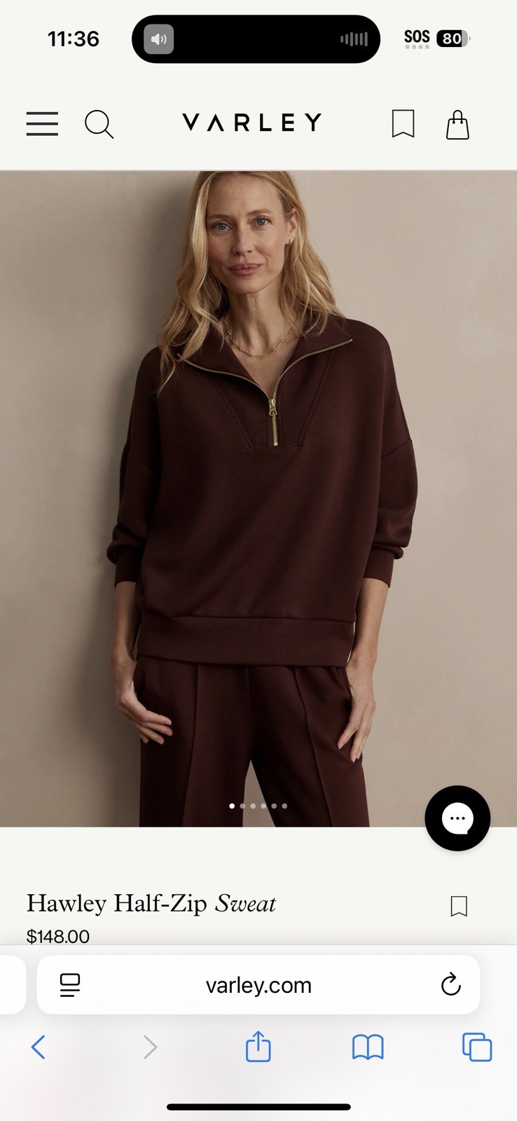 Varley Hawley Half Zip Sweat $150 MSRP Women’s Size Medium Chocolate Walnut