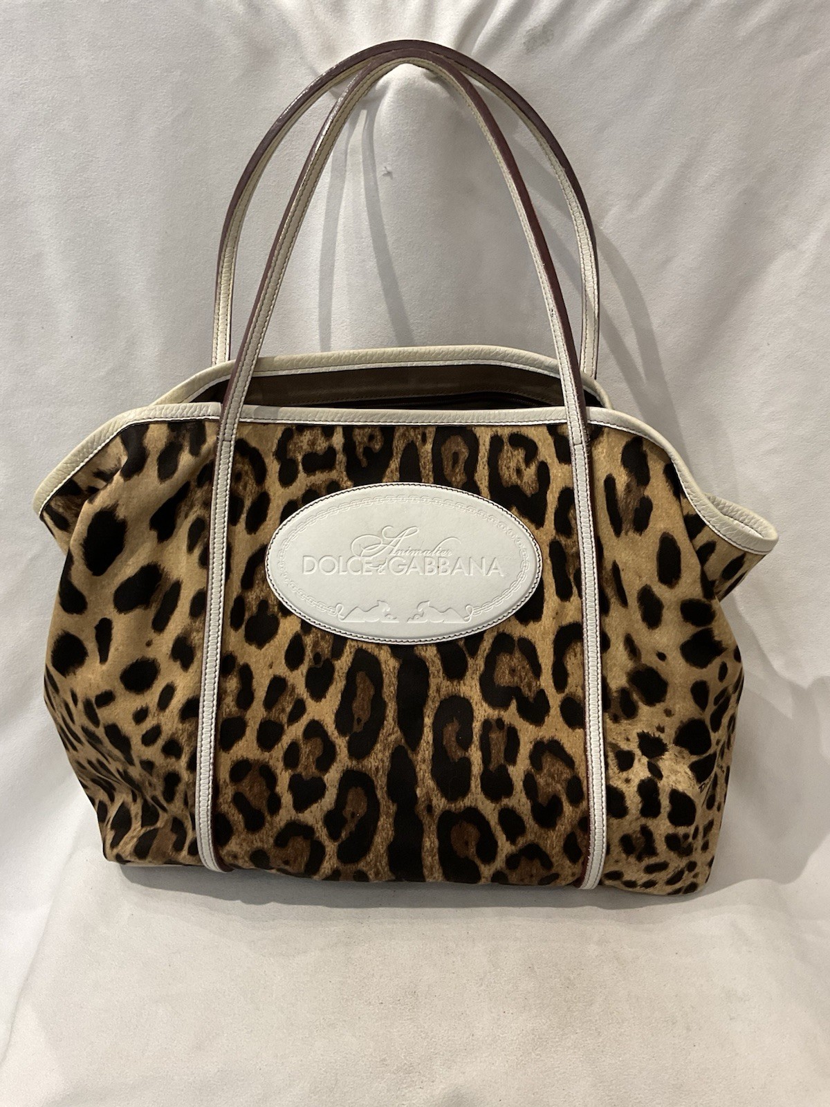 Dolce & Gabbana Leopard Animal Print Tote Bag Logo Inner Pockets White Handles