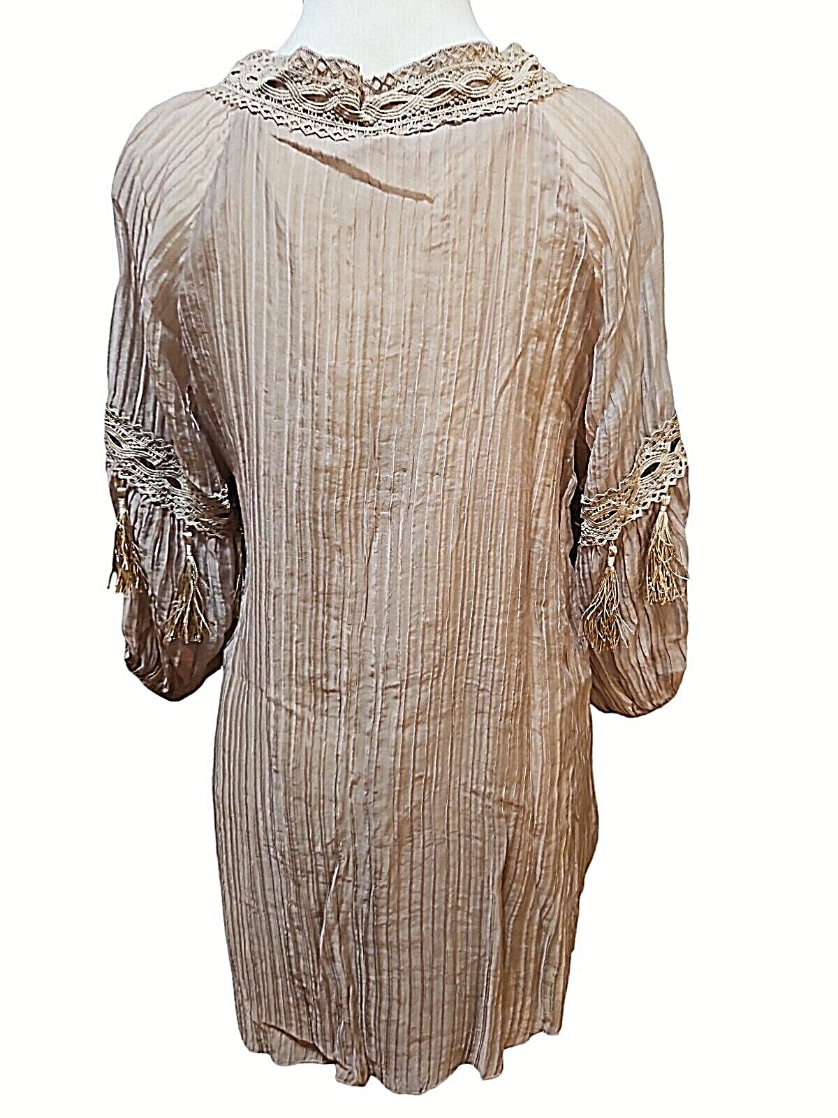 Pretty Angel Blouse Womens Large Tan Brown 3/4 Sleeve Fringe V Neck Bohemian New