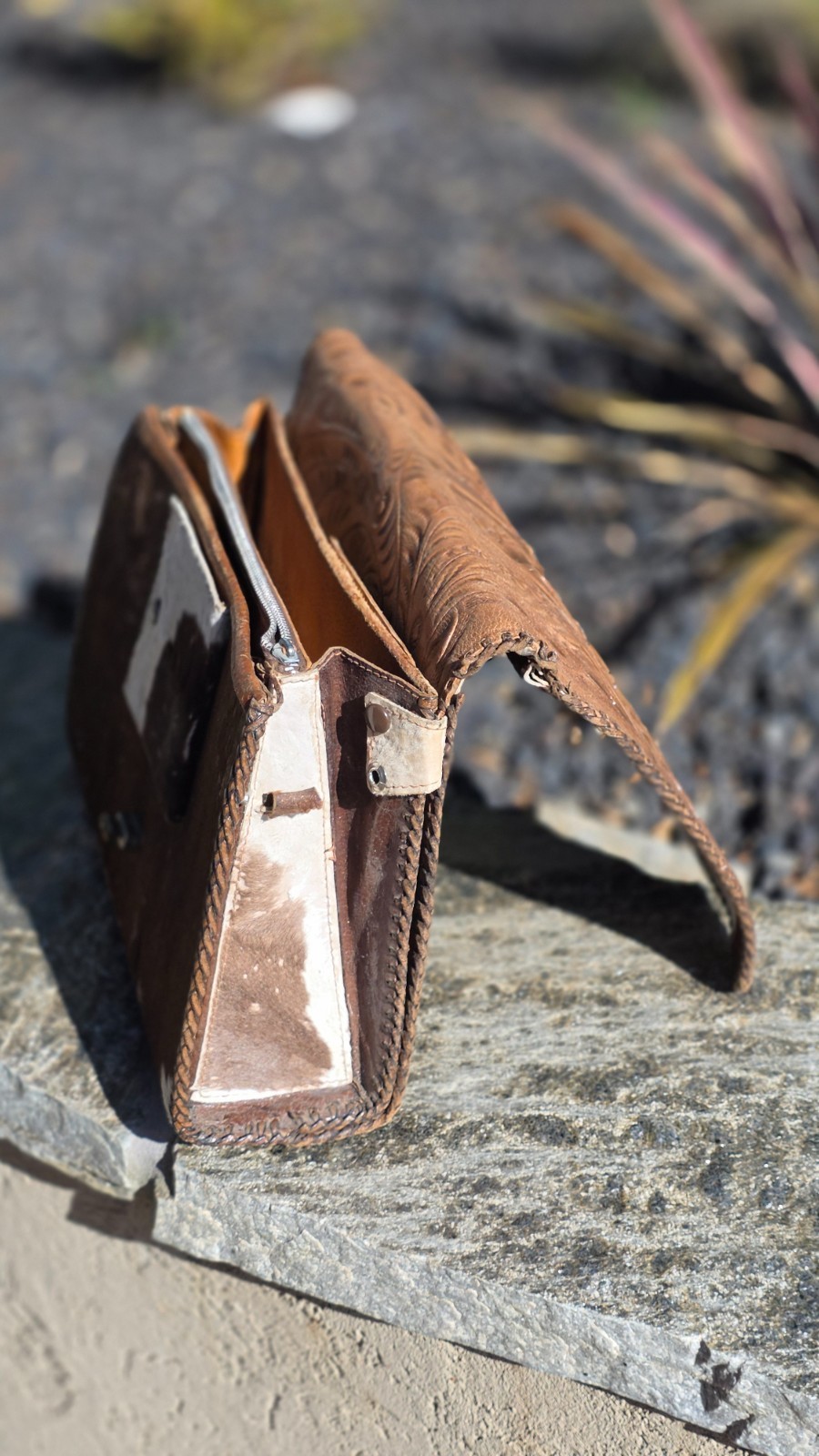 Vintage Reversible brown/white Cowhide & Tooled Leather Western Purse