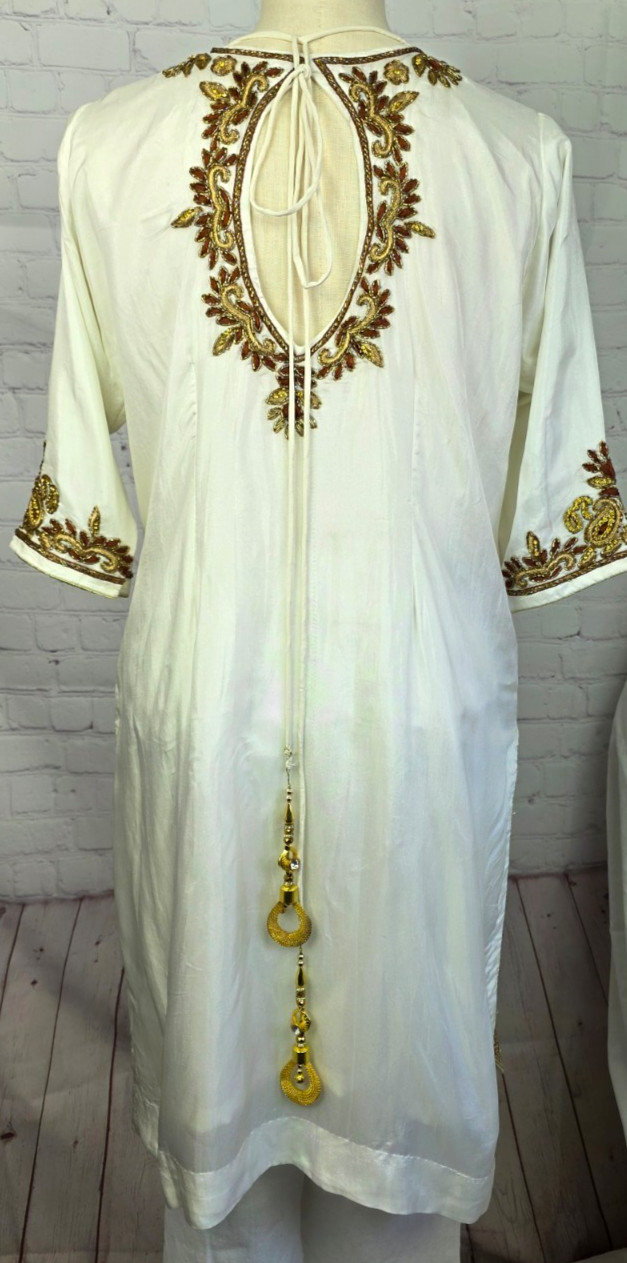 Kurta Tunic Top Embroidered Beads Rhinestones Jewel Tassle Slits India Tribal SM