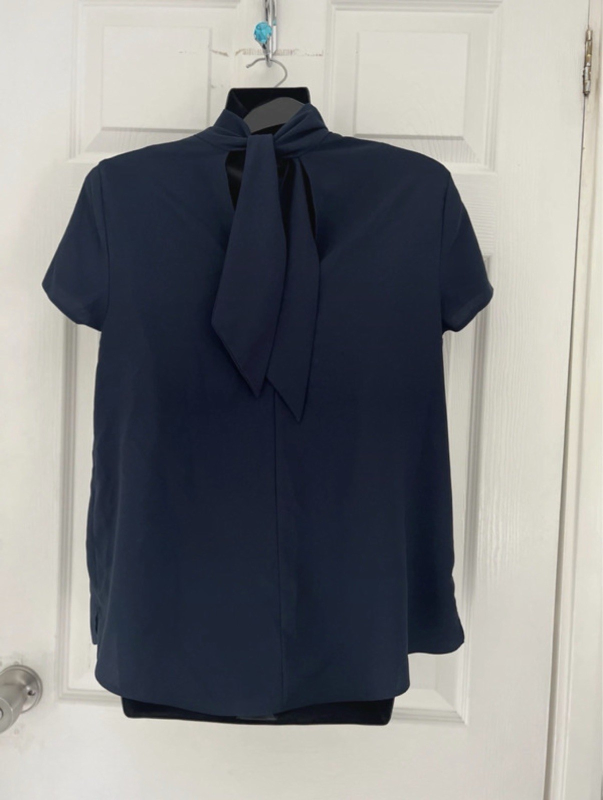 Dorothy Perkins Women’s Navy Solid High Neck Tie Detail Short Sleeve Blouse 10