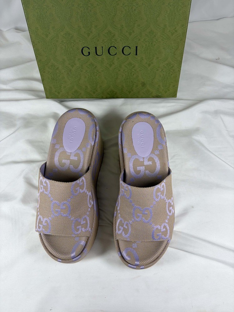 Gucci Jumbo Angelina GG Canvas 4” Platform Sandals US Size 10.5 SPB JA-369500
