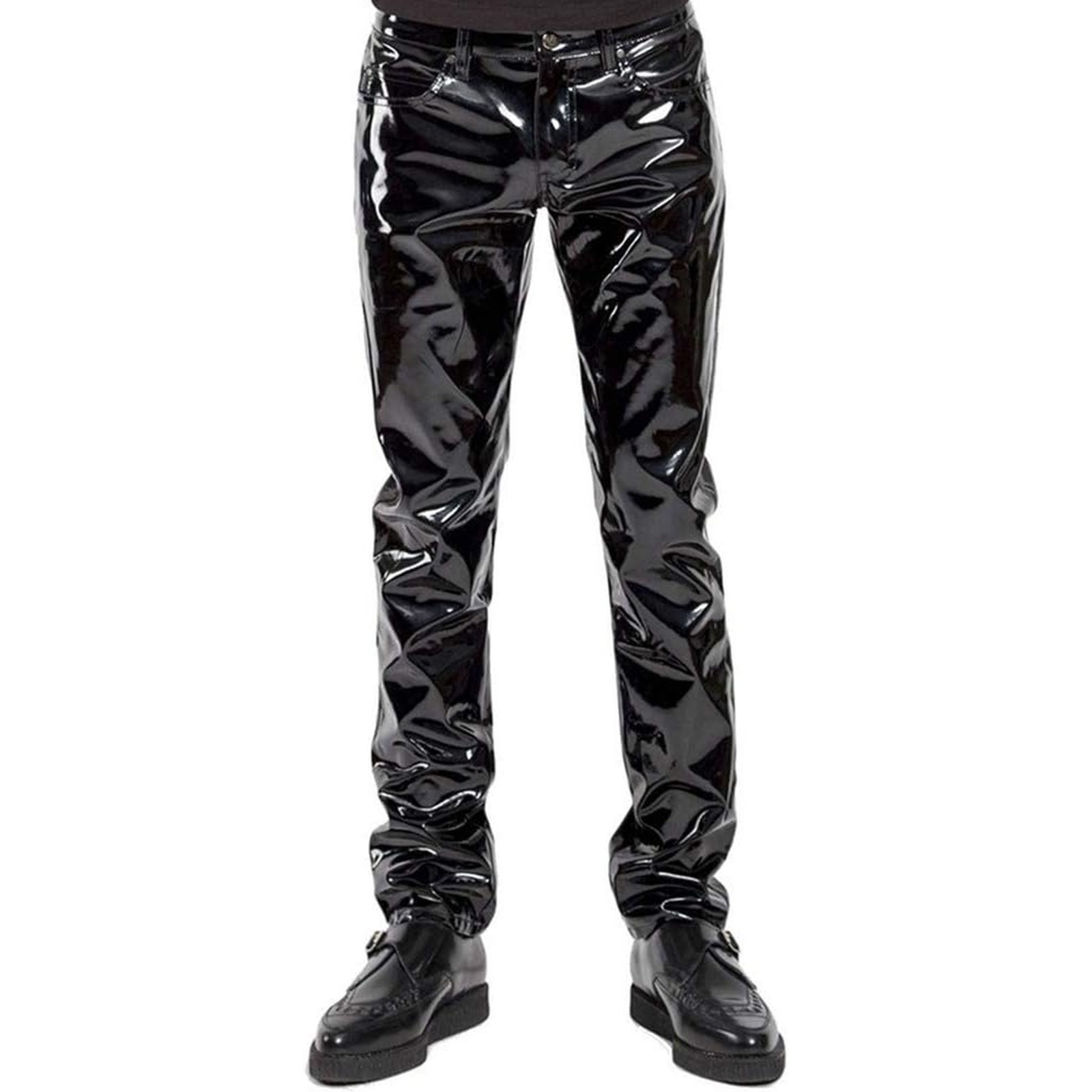 Puritues Men’s Black PVC Leather Pants Wet Look Shiny Slim Fit Trousers Clubwear