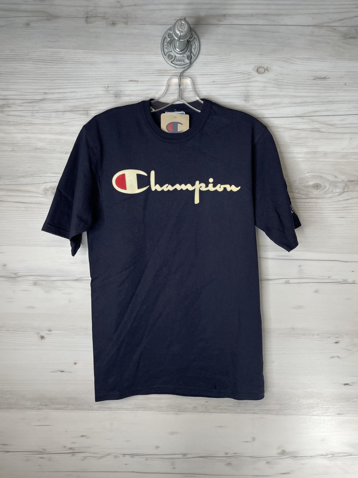 Champion Shirt Mens Small Navy Heritage Tee Graphic Big Logo Heavyweight GT19