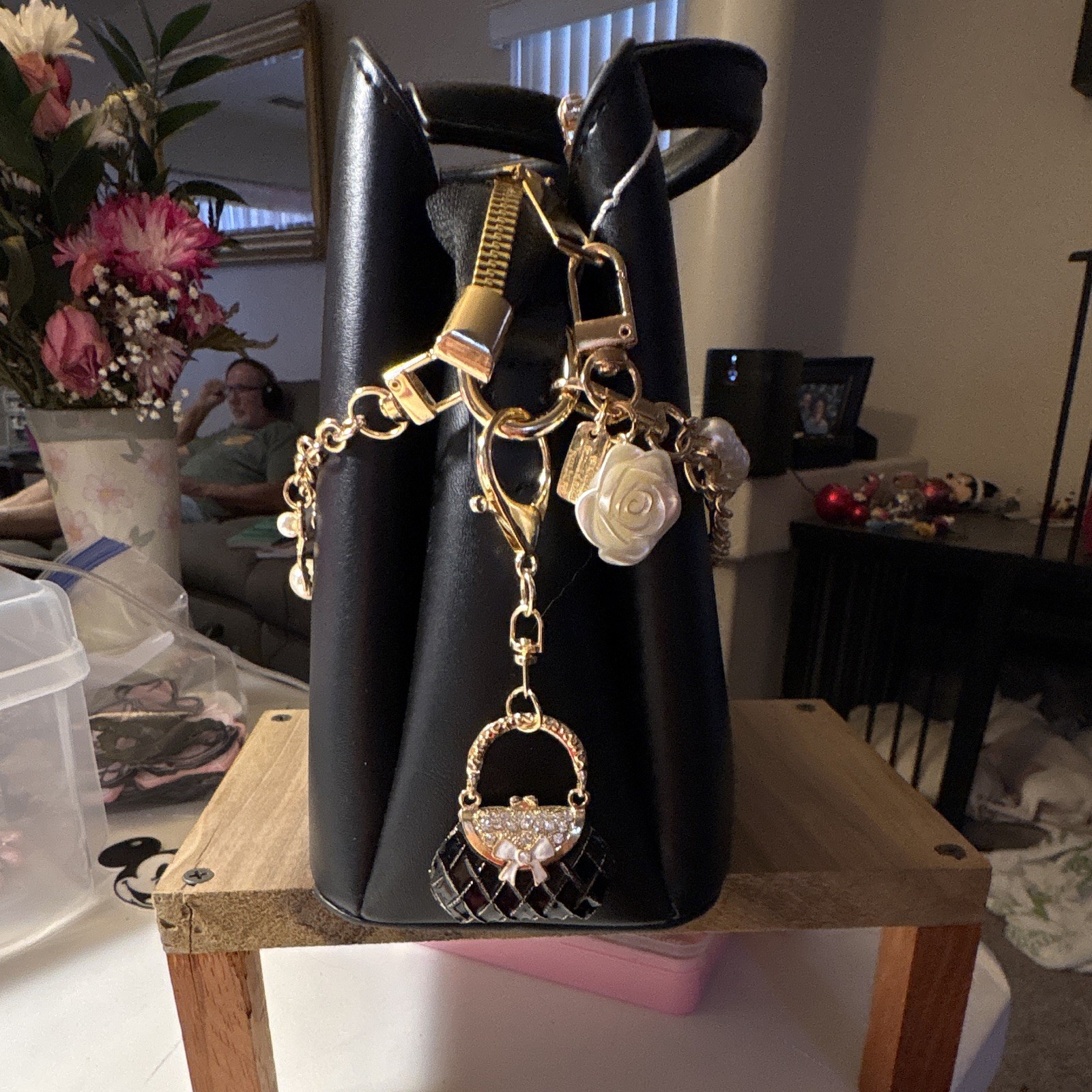 Black Women’s Satchel Top Handle Zip Inner Pockets Gold Pearl Chain Charm Strap