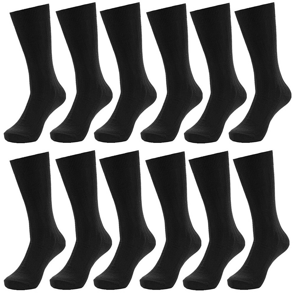 Mens 3-12 Pairs Solid Plain Black Mid Calf Classic Dress Socks Cotton Size 10-13