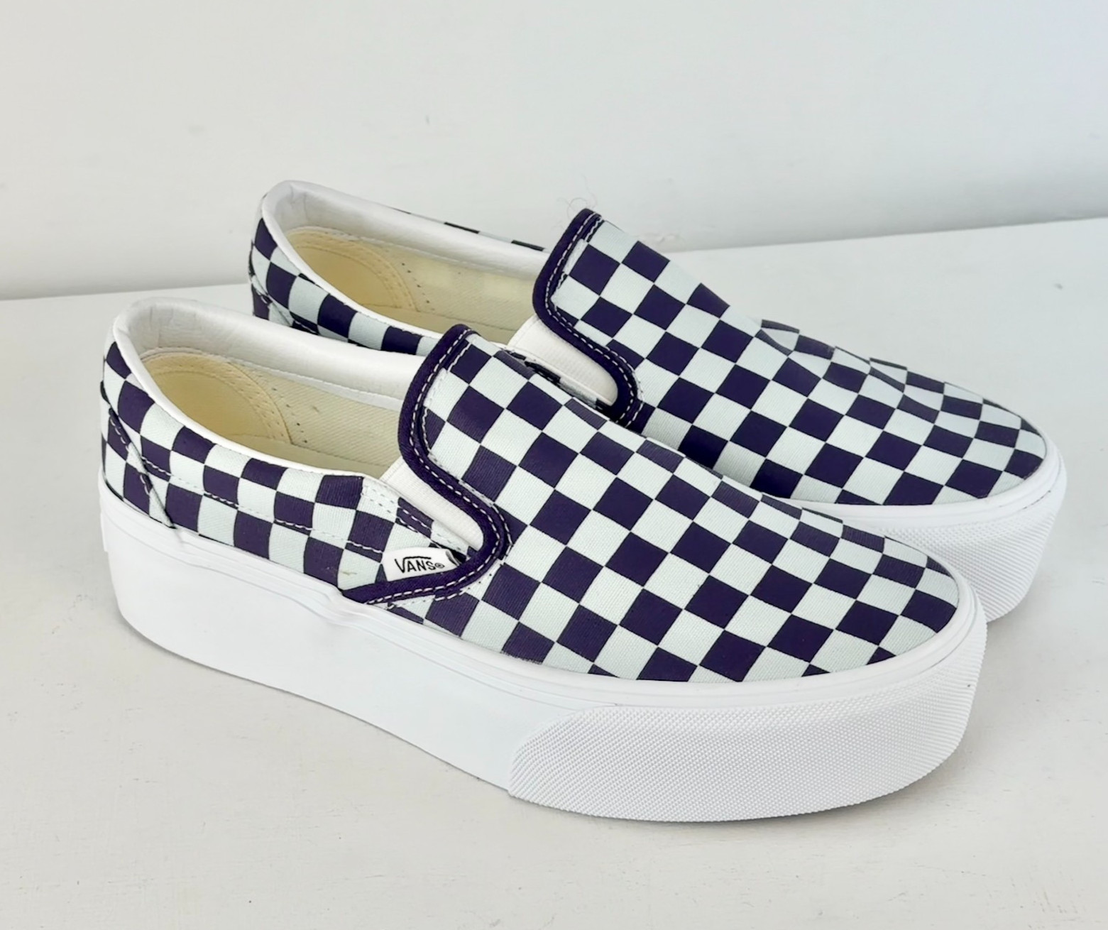 M6.5 W8-Vans Classic Slip-On Platform Checkerboard Shoe-Mist Blue/Gothic Grape