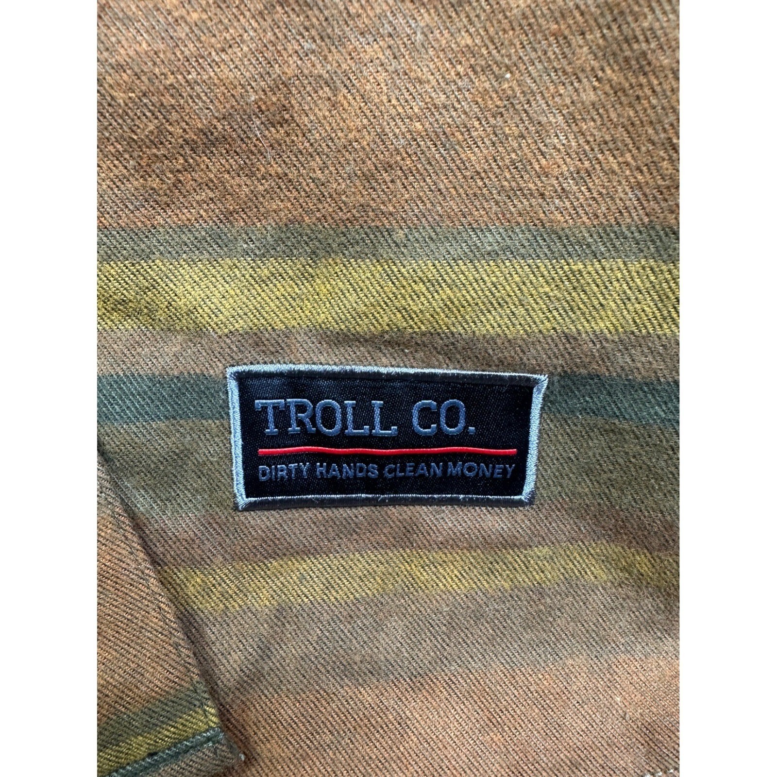 Troll Co Dirty Hands Clean Money Flannel Shirt Men 2XL Striped Snap Front Brown
