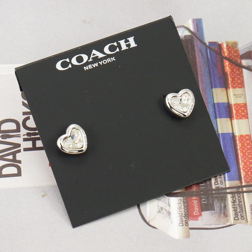 NWT Coach Stone Heart Stud Earrings Clear Silver Tone
