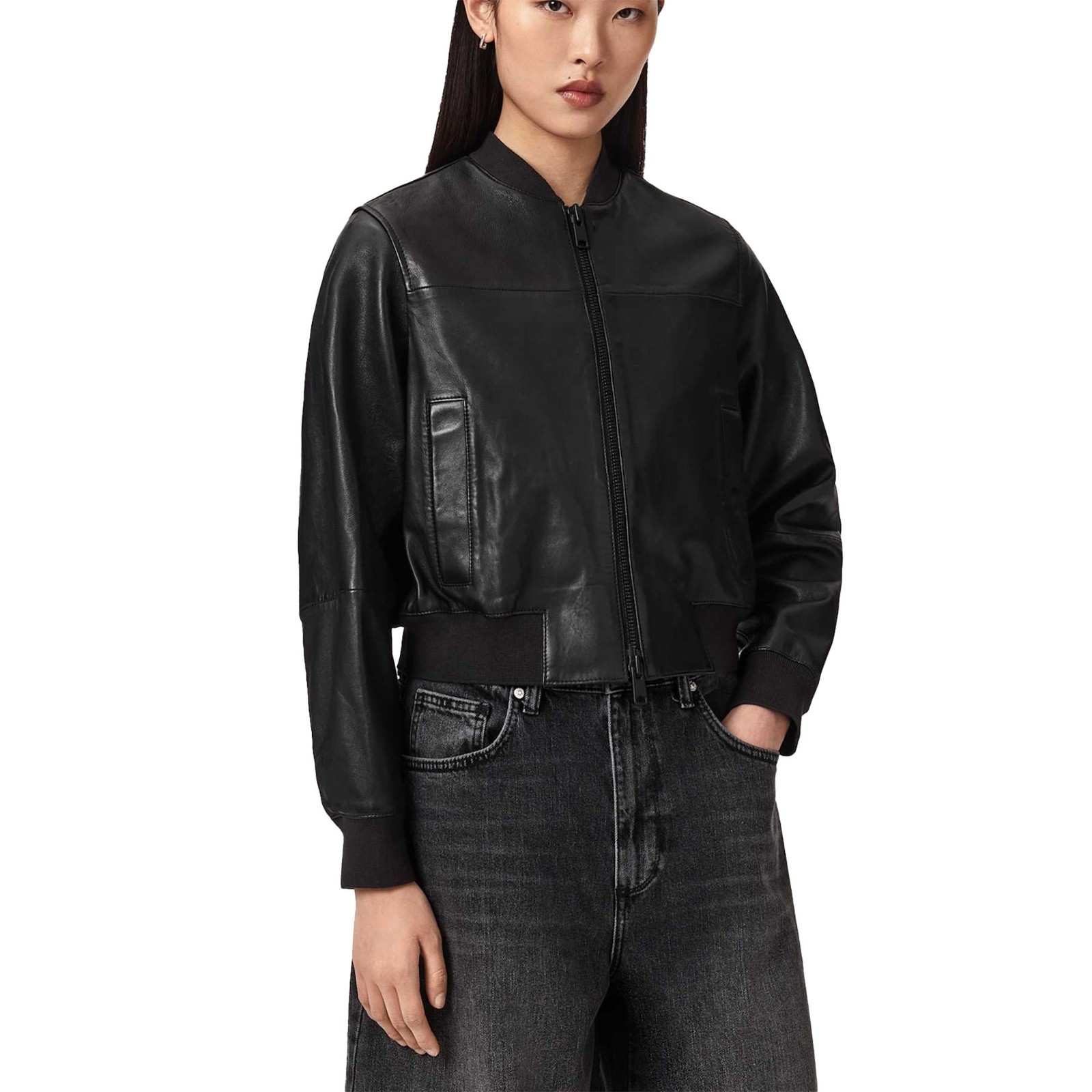 Women’s Real Leather Jacket Black Cropped Bomber Ribbed Trim Zip Biker Coat