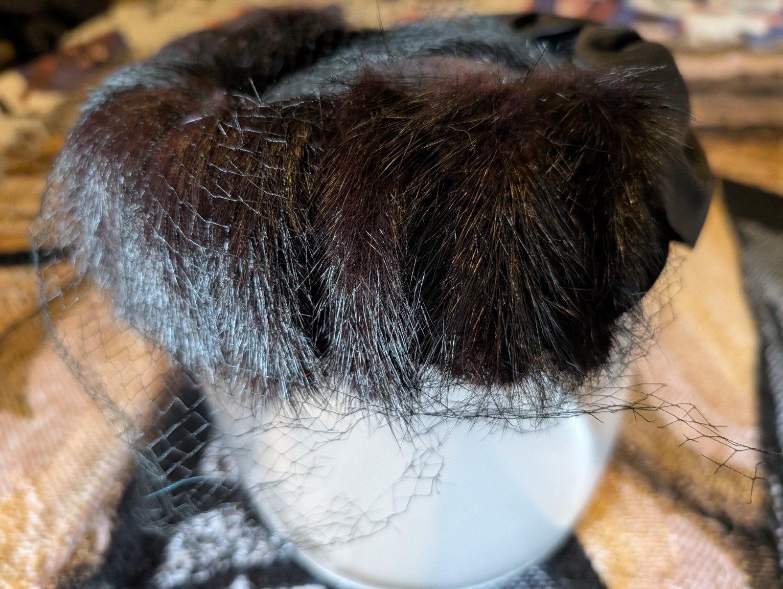 Vtg Womens Veil Hat 30s 40s 50s 60s Black Mink Fur