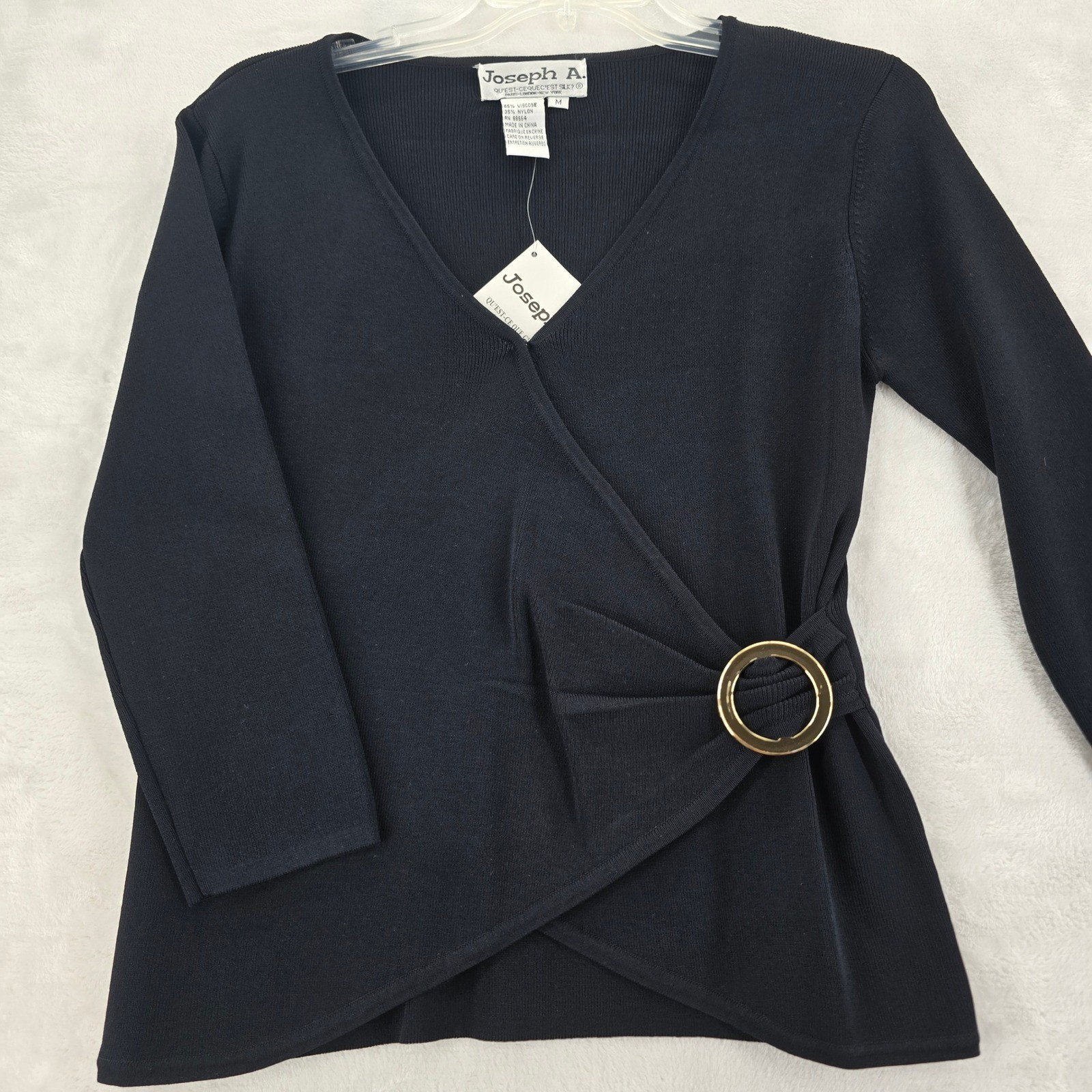 Joseph A. Sweater Womens M Top Black V-Neck Faux Wrap Buckle 33327M