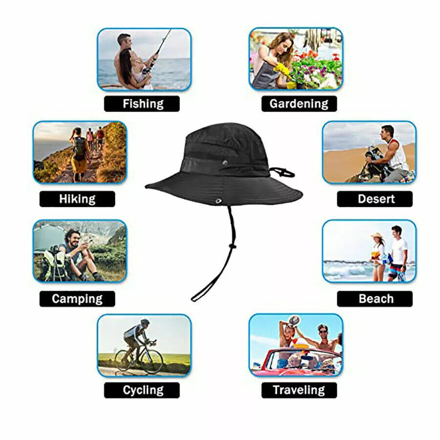 Men Wide Brim Sun Hat UV Protection Bucket Cap Hiking Camping Fishing Safari USA