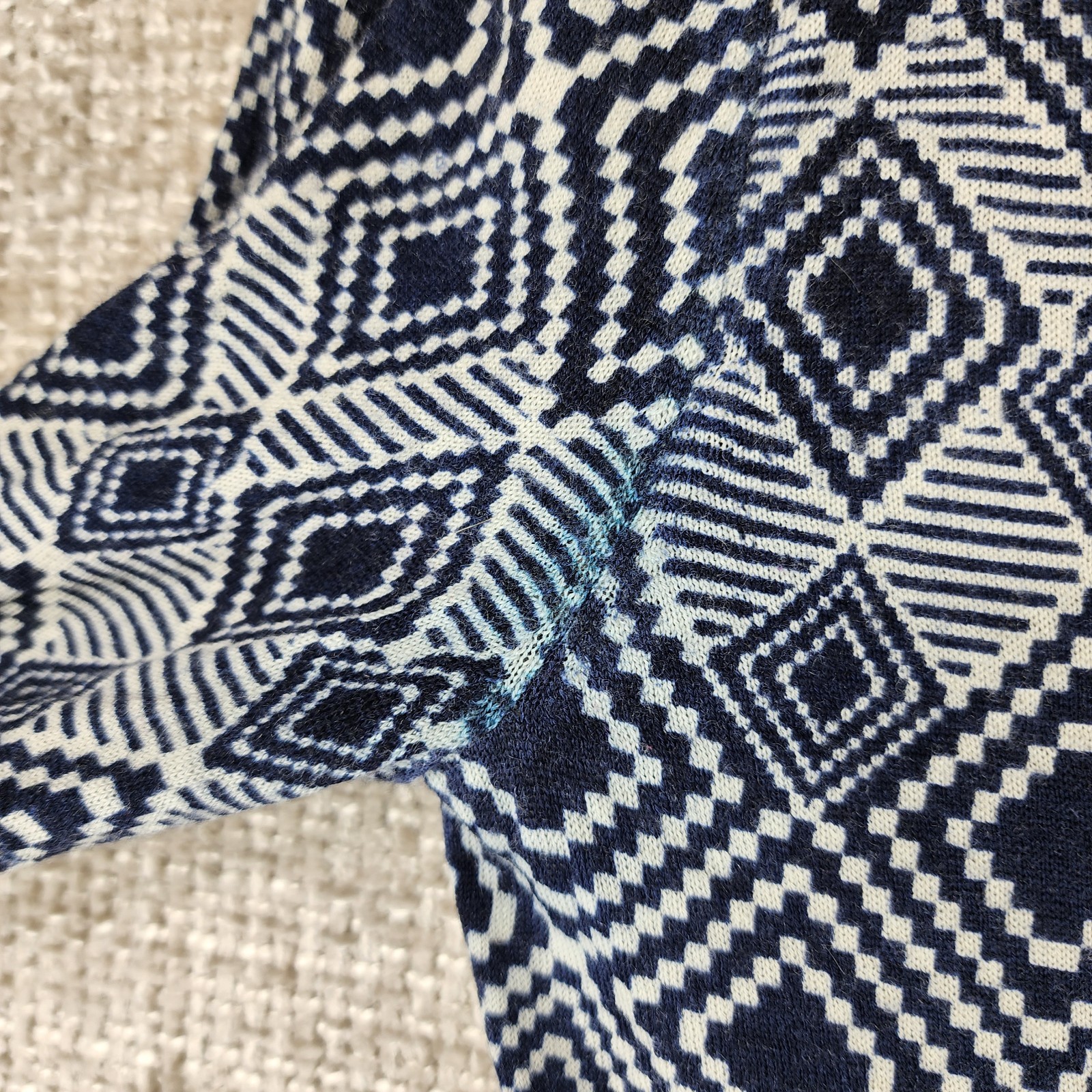 Tory Burch 100% Wool Geometric Print Cardigan Sweater Womens *XS-S Navy Chest 30