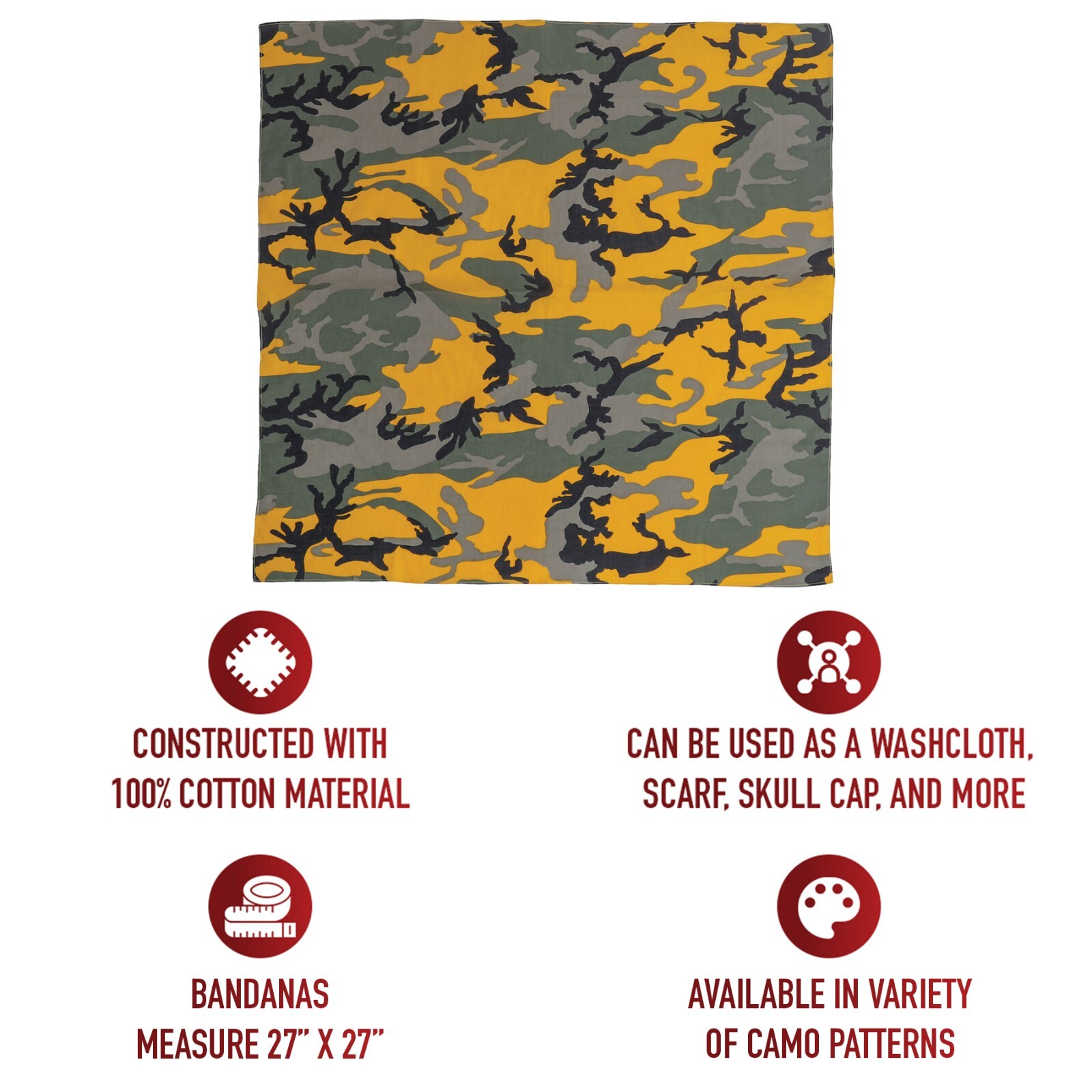 New Large Stinger Yellow Camo Military Jumbo Bandana 27 In. X 27 In 100% Cotton