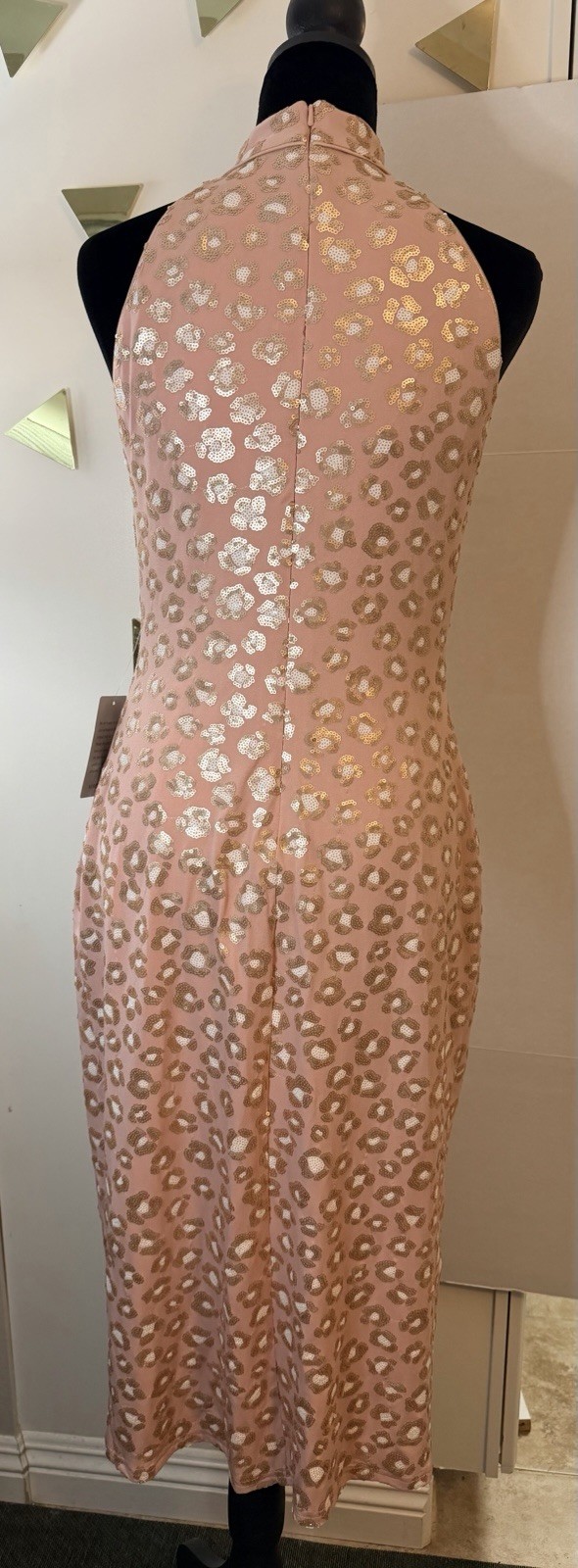 Sho by Tadashi Shoji Leopard Print Sequins Pale Rose Gold Halter Midi Dress S
