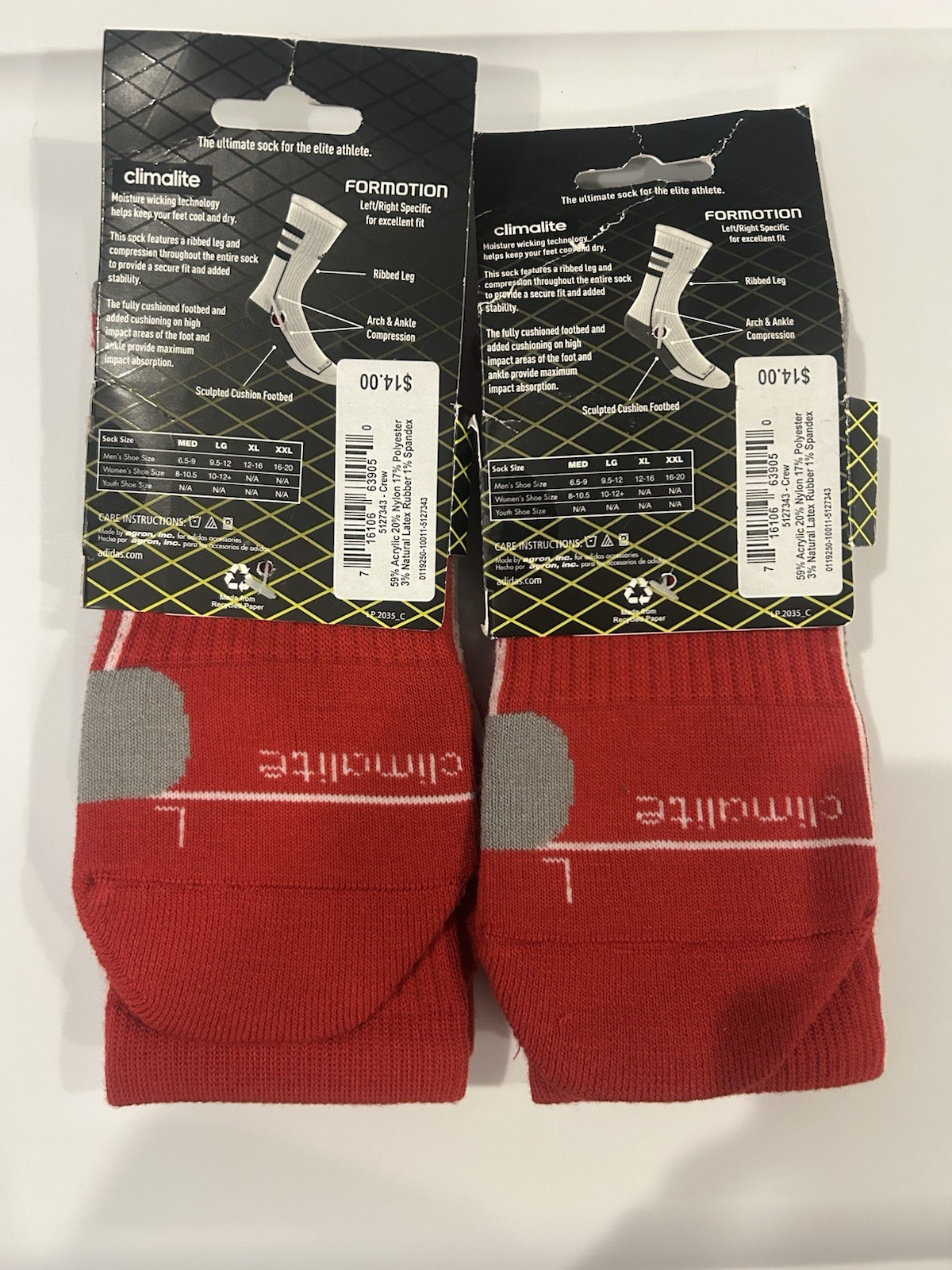 adidas Men’s Crew Socks Size M 2 Pair Striped Red/White/Gray Cushioned Logo
