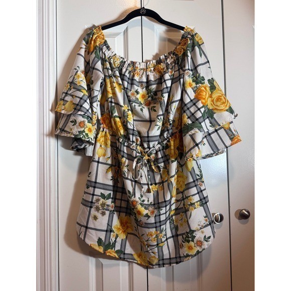 A Hint of Blush Floral Plaid Mini Dress Large Off Shoulder Bell Ruffle Sleeve