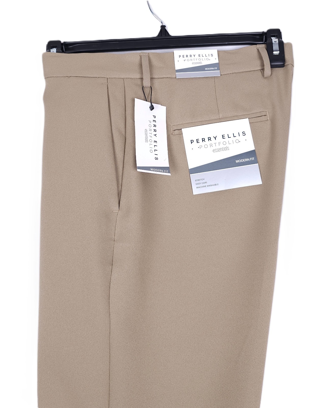 Perry Ellis Mens Modern Fit Dress Pants 33×30 Beige Elmwood Solid Stretch Twill