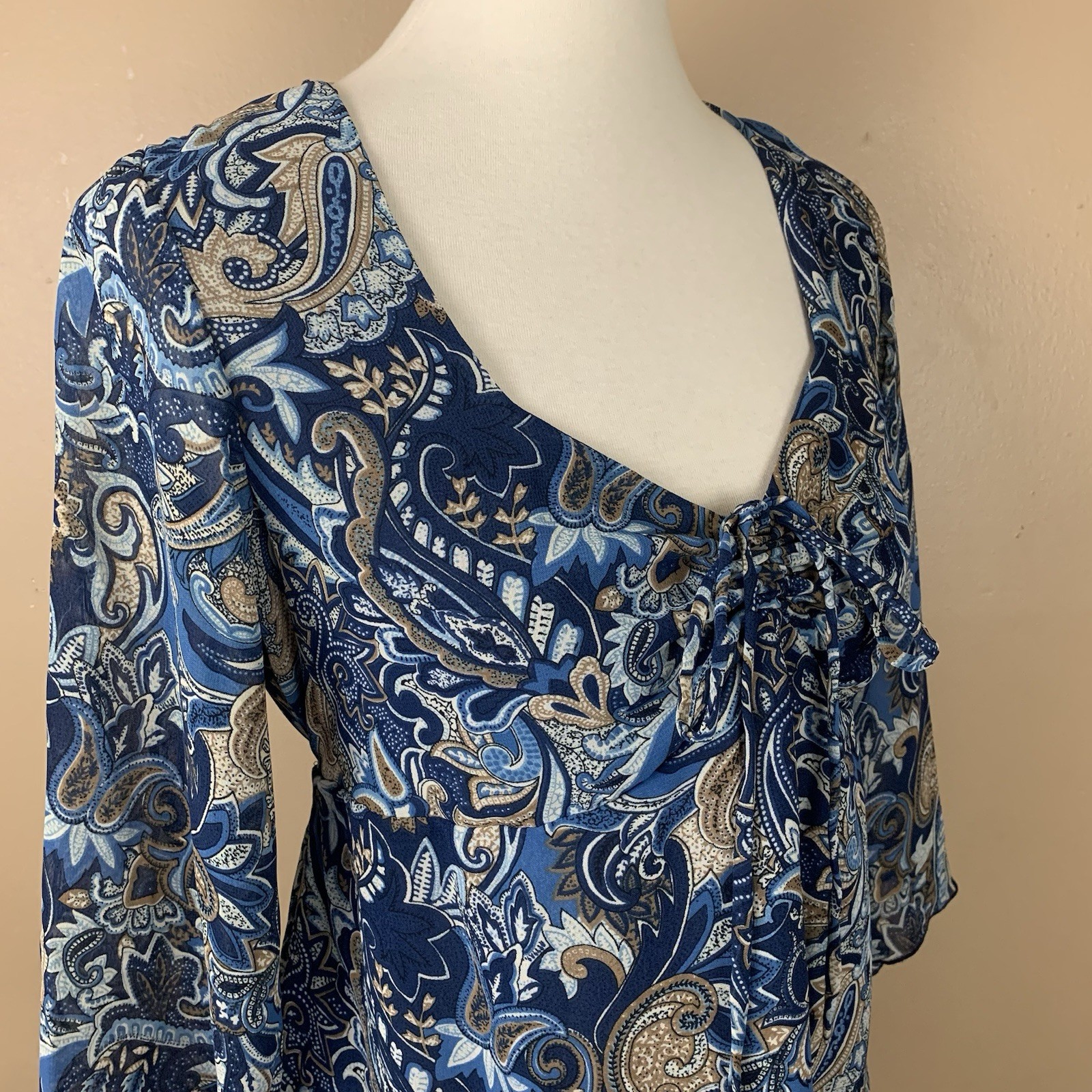 Vintage Y2K Top Womens Medium Blue Paisley Print Sheer Babydoll Feminine Blouse