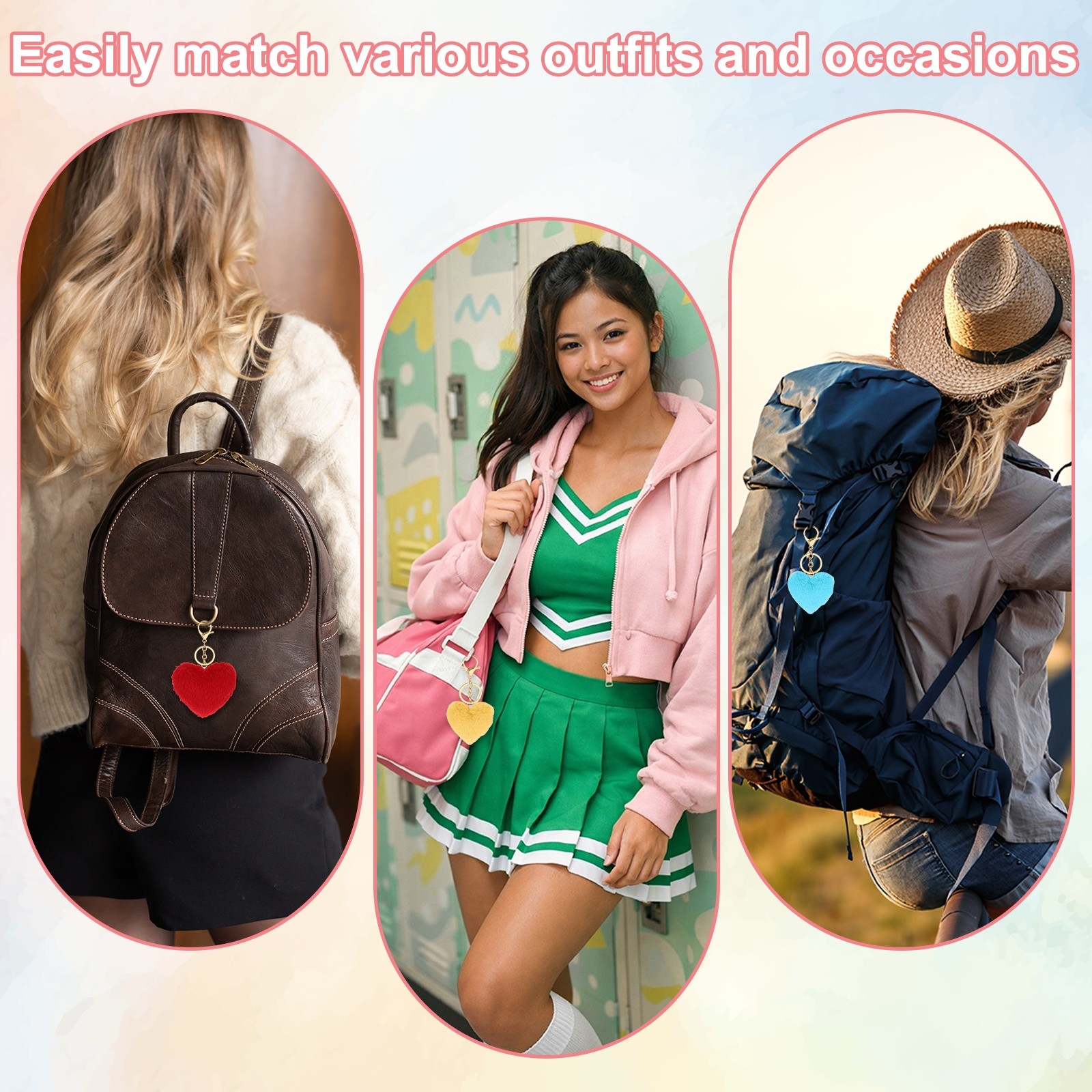 12Pcs Heart Pom Pom Keychain Faux Fur Fluffy Keyring Purple(Gold Buckle))