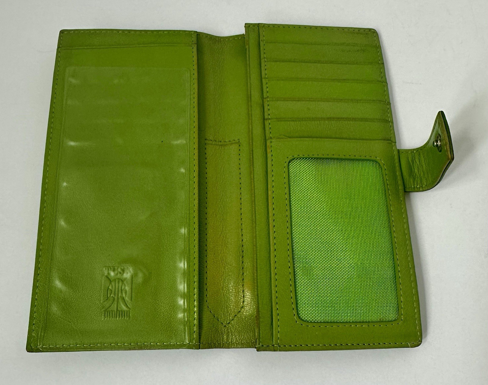 TUSK Vintage Leather Bifold Wallet Checkbook Long & Slim Pen Holder Green Luxury