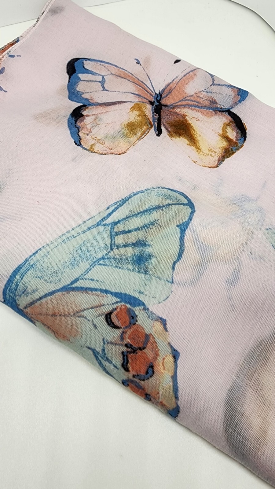 Pink Butterflies Insects Scarf Blue Tassels 58 In Lightweight