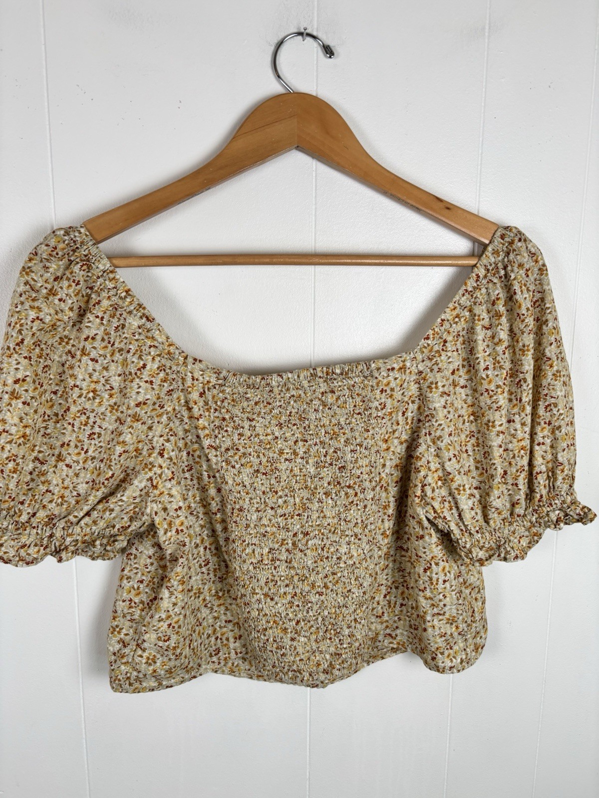 Madewell Size Medium Floral Puff Sleeve Crop Top Smocked Earthtones Green Brown
