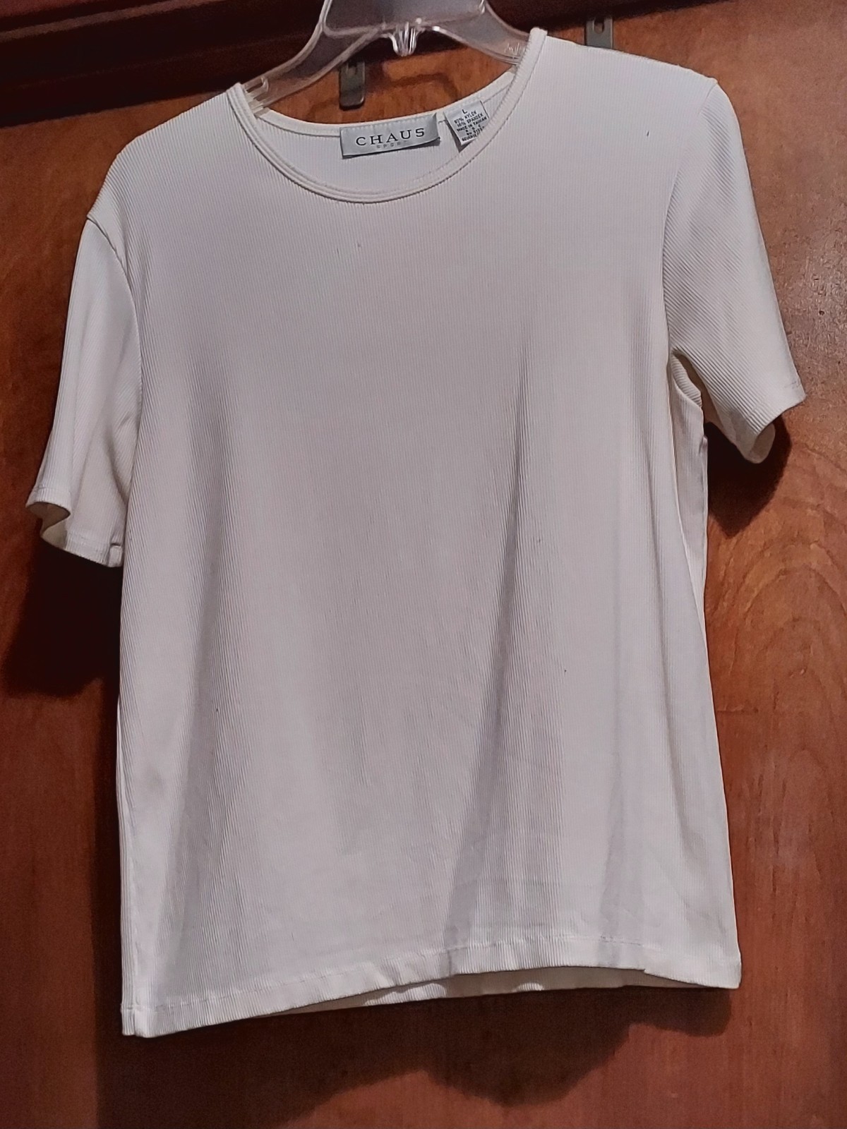 VINTAGE: Chaus Sport SS, White/Off-White Top, Sz L, Nylon/Spandex Blend Stretch
