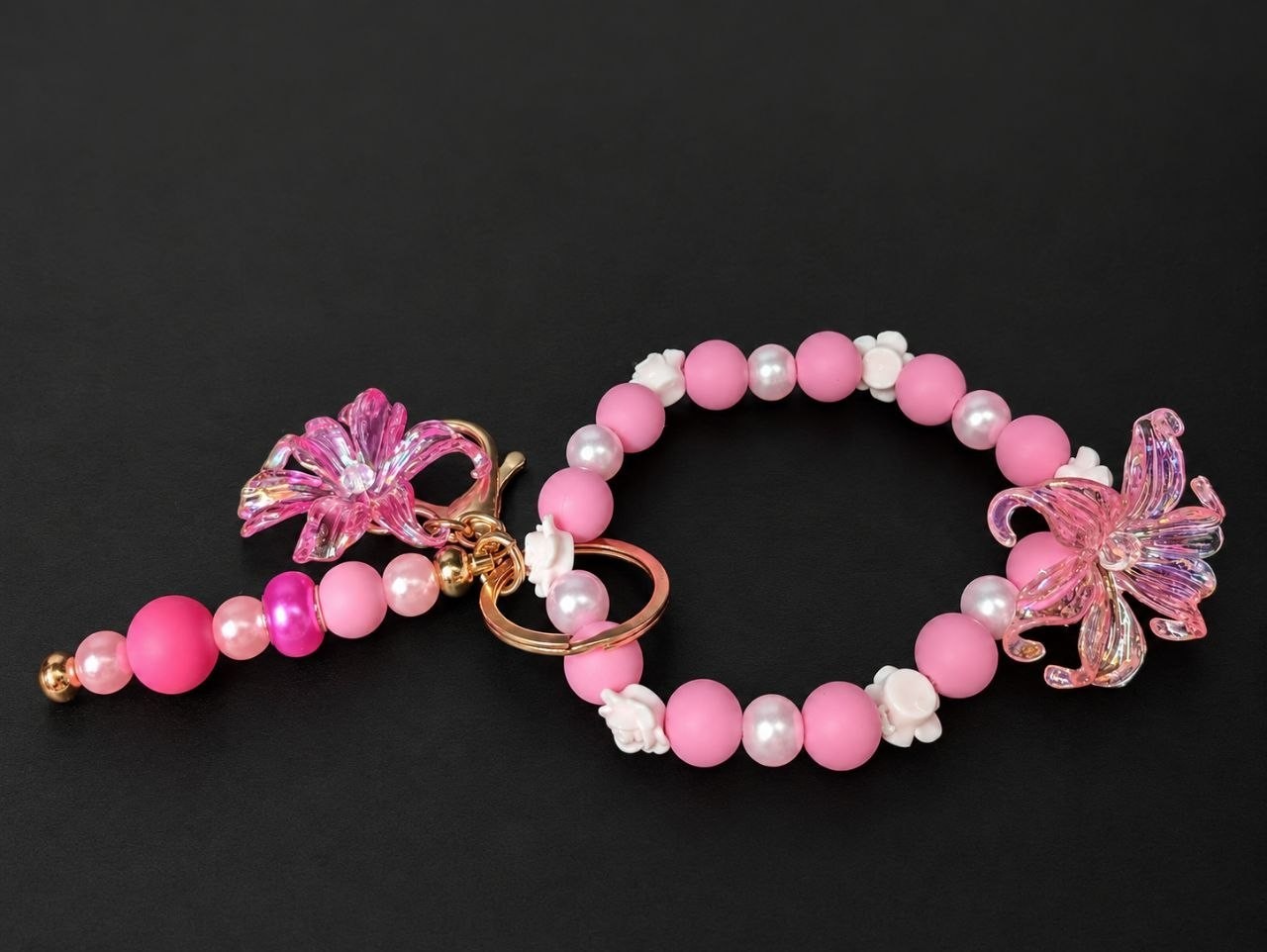 Pink Floral Beaded Keychain Wristlet Charm