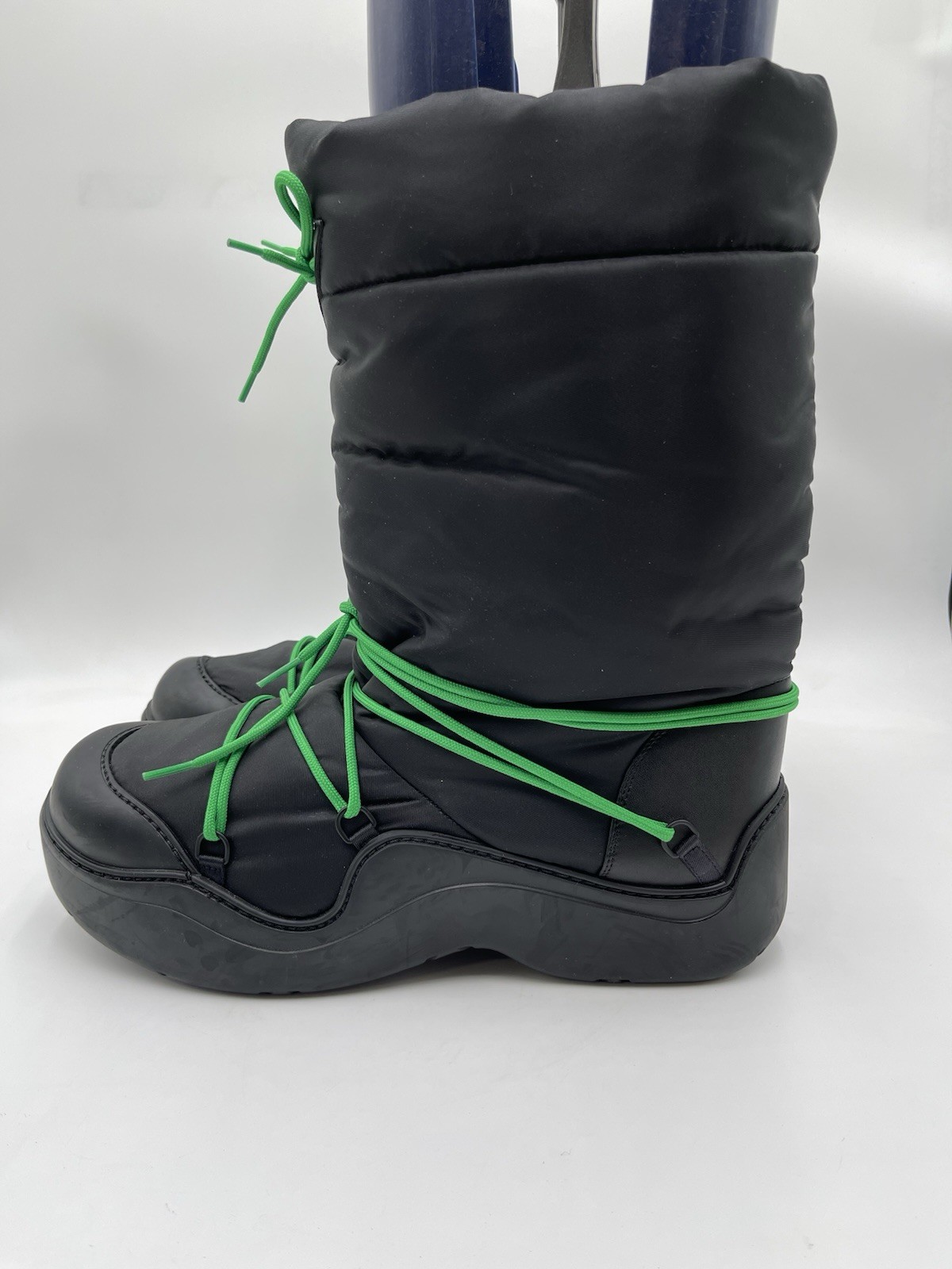 Bottega Veneta Puddle Bomber boots in black nylon parakeet green laces Size 46