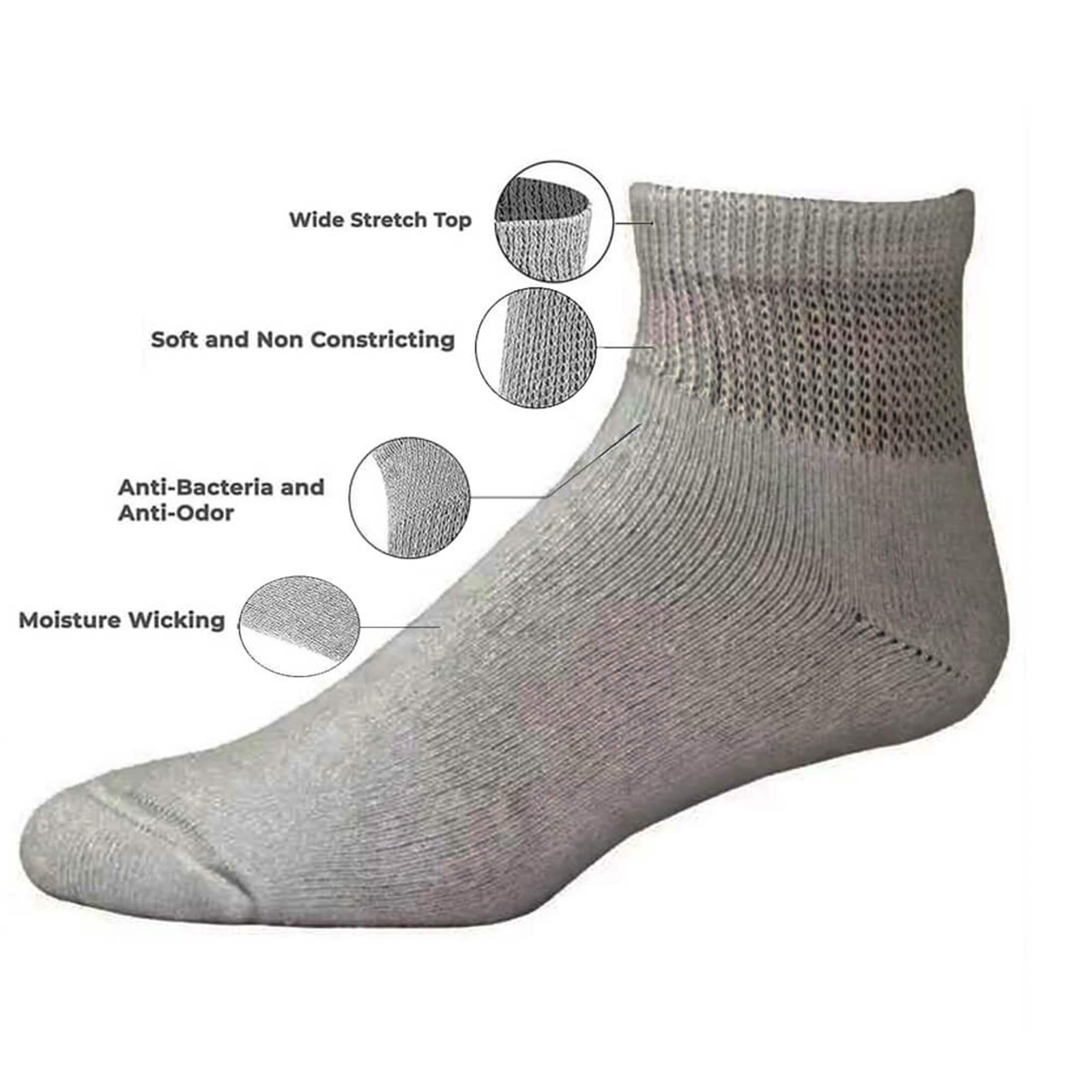 Mens Womens Diabetic Crew / Ankle Socks Cotton 6-Pack Non-Binding Cushion Sole