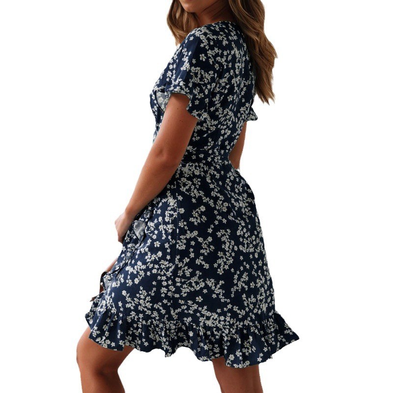 Womens Floral V-Neck Wrap Dress Flutter Sleeve A-Line Summer Midi Casual Beach