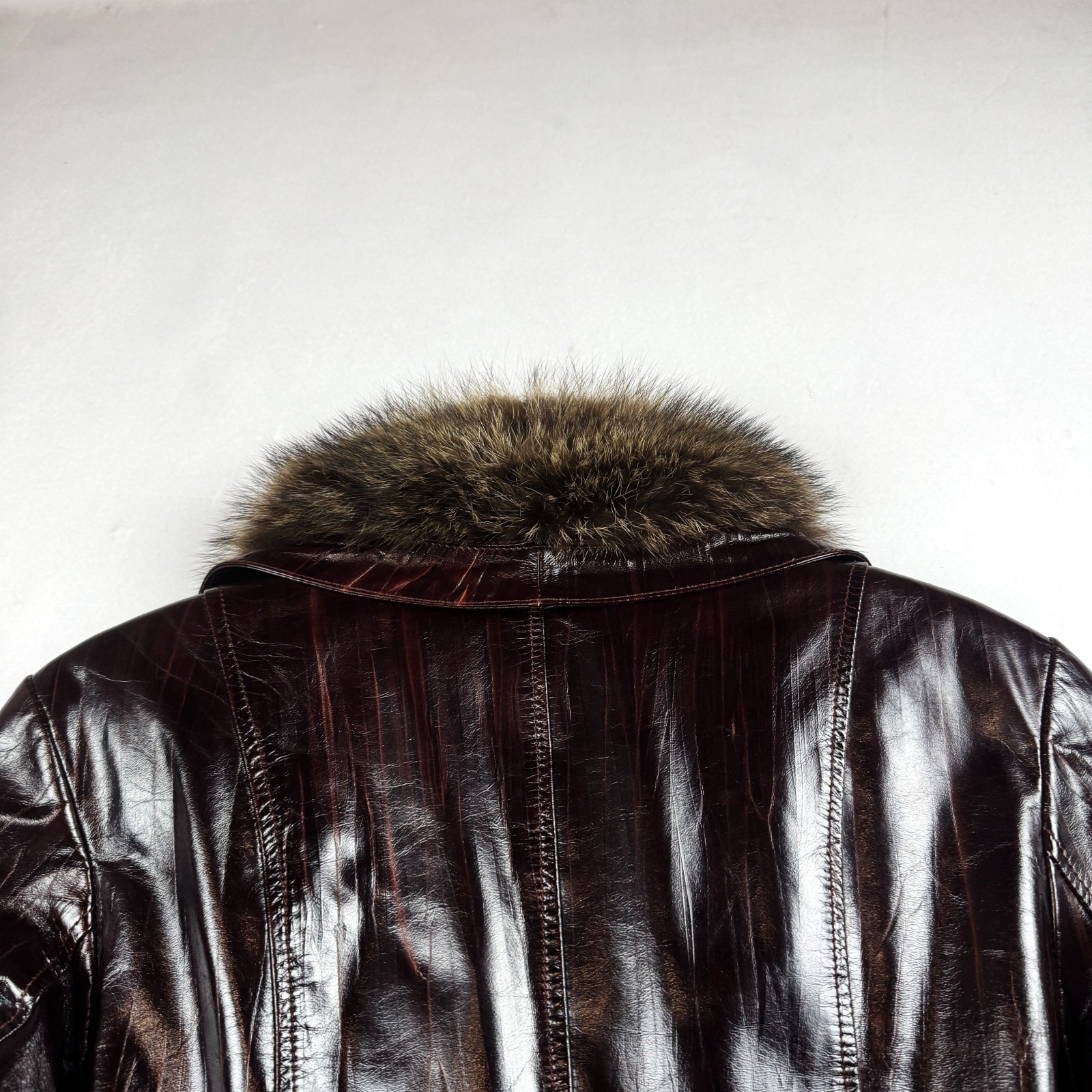 Womens Vintage Brown Leather Jacket Fur Collar Buckle Pocket Biker Moto Style
